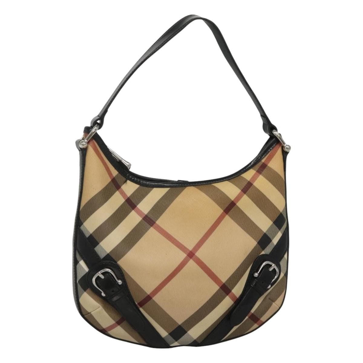 Burberry Nova Check Shoulder Bag Pvc Leather Beige Black Auth 117744, Women's