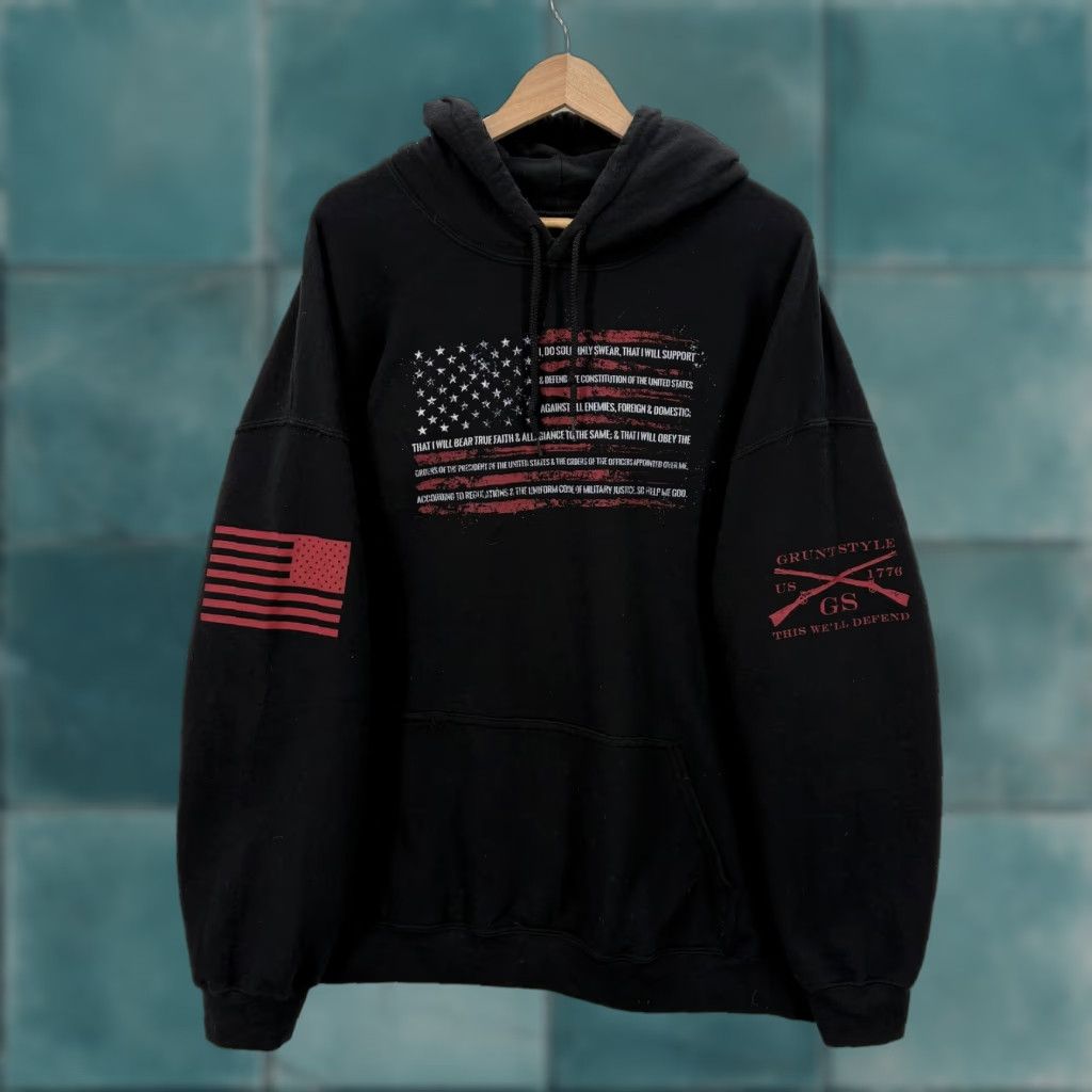 Vintage Grunt Style Hoodie Mens 2XL Black American Flag Oath Graphic Fleece Pullover Size US XXL / EU 58 / 5 - 1 Thumbnail