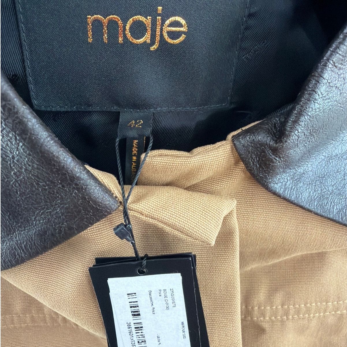 Maje Maje Women's Beige Cotton Coat With Leather Collar Size 42 Size L / US 10 / IT 46 - 3 Thumbnail
