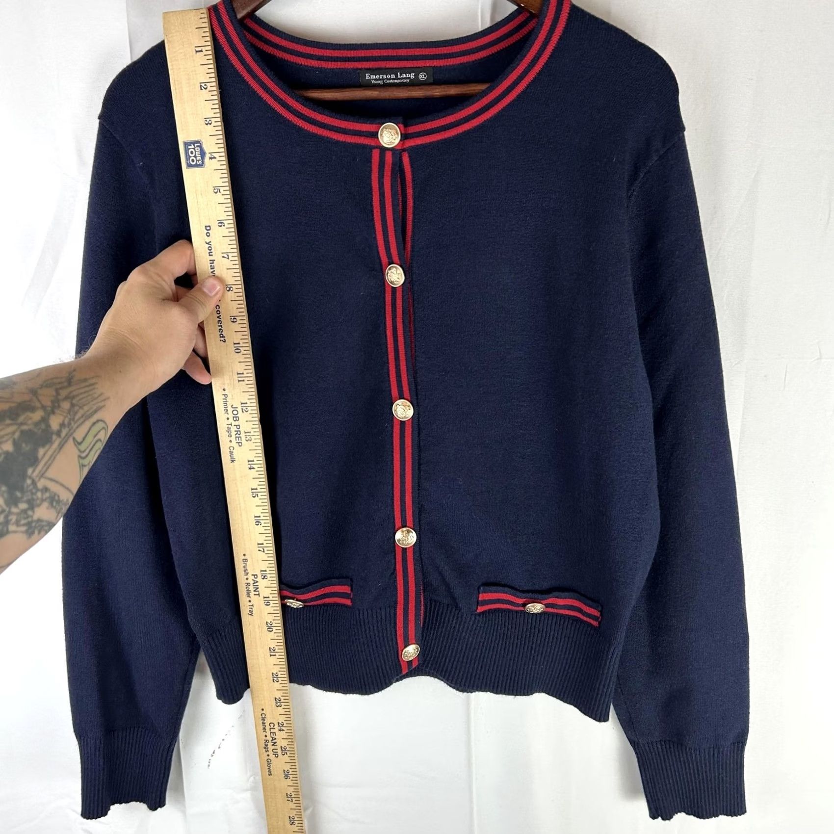 Vintage Emerson Lang Cardigan Sweater Womens XL Navy Crew Neck Stripe Trim Gold Button Size XL / US 12-14 / IT 48-50 - 6 Thumbnail