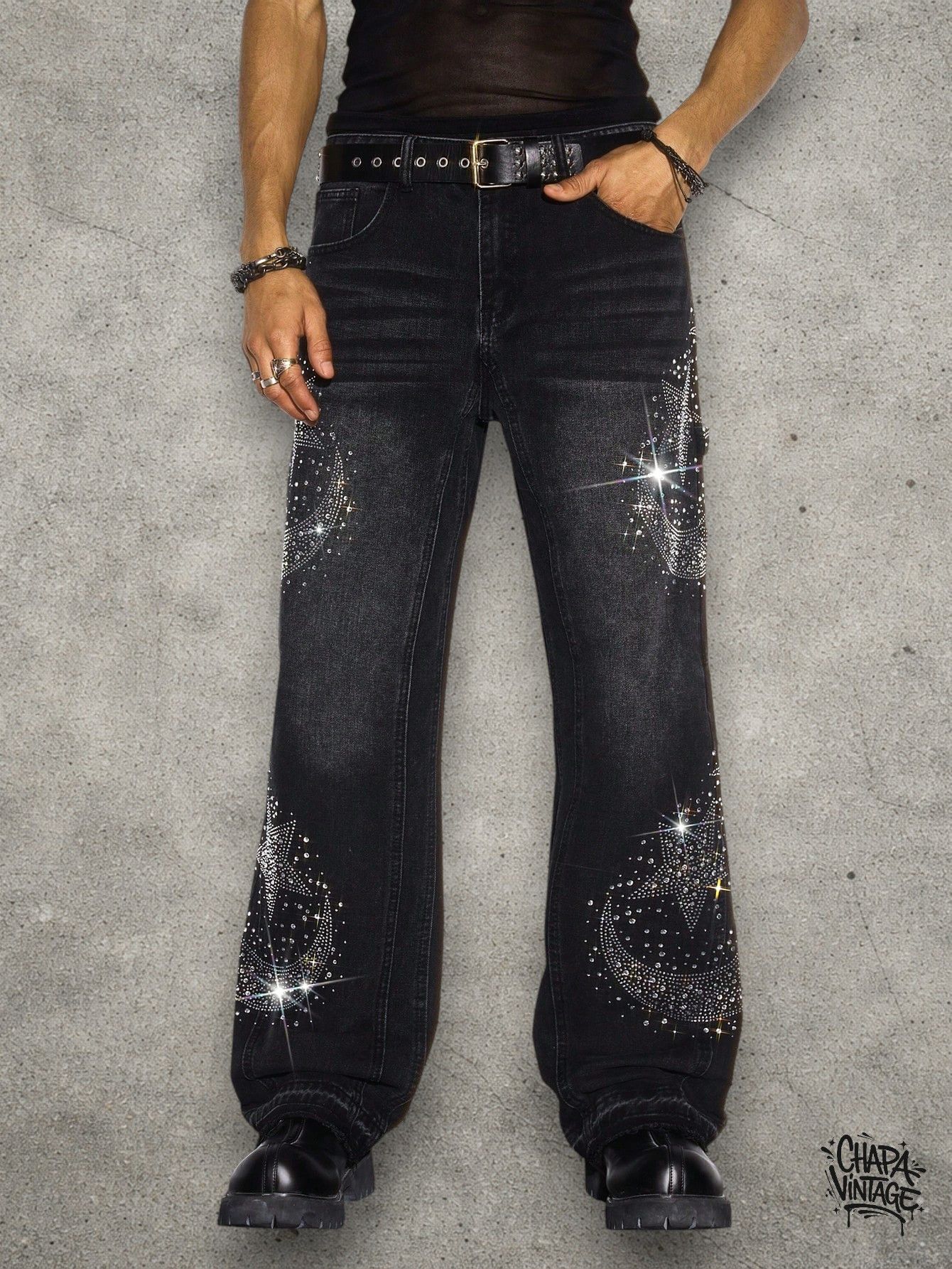 Vintage Rhinestone washed gray jeans Size US 32 / EU 48 - 1 Thumbnail