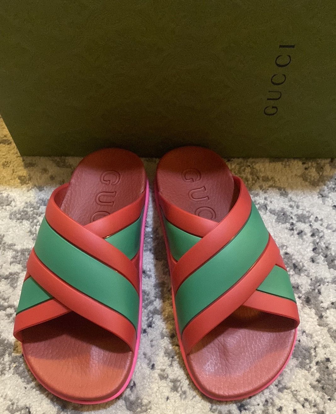 Gucci 【カジュアル&高級感 Pink Rubber☆Web Slide 】 Gucci Web Slide Pink Rubber (W)