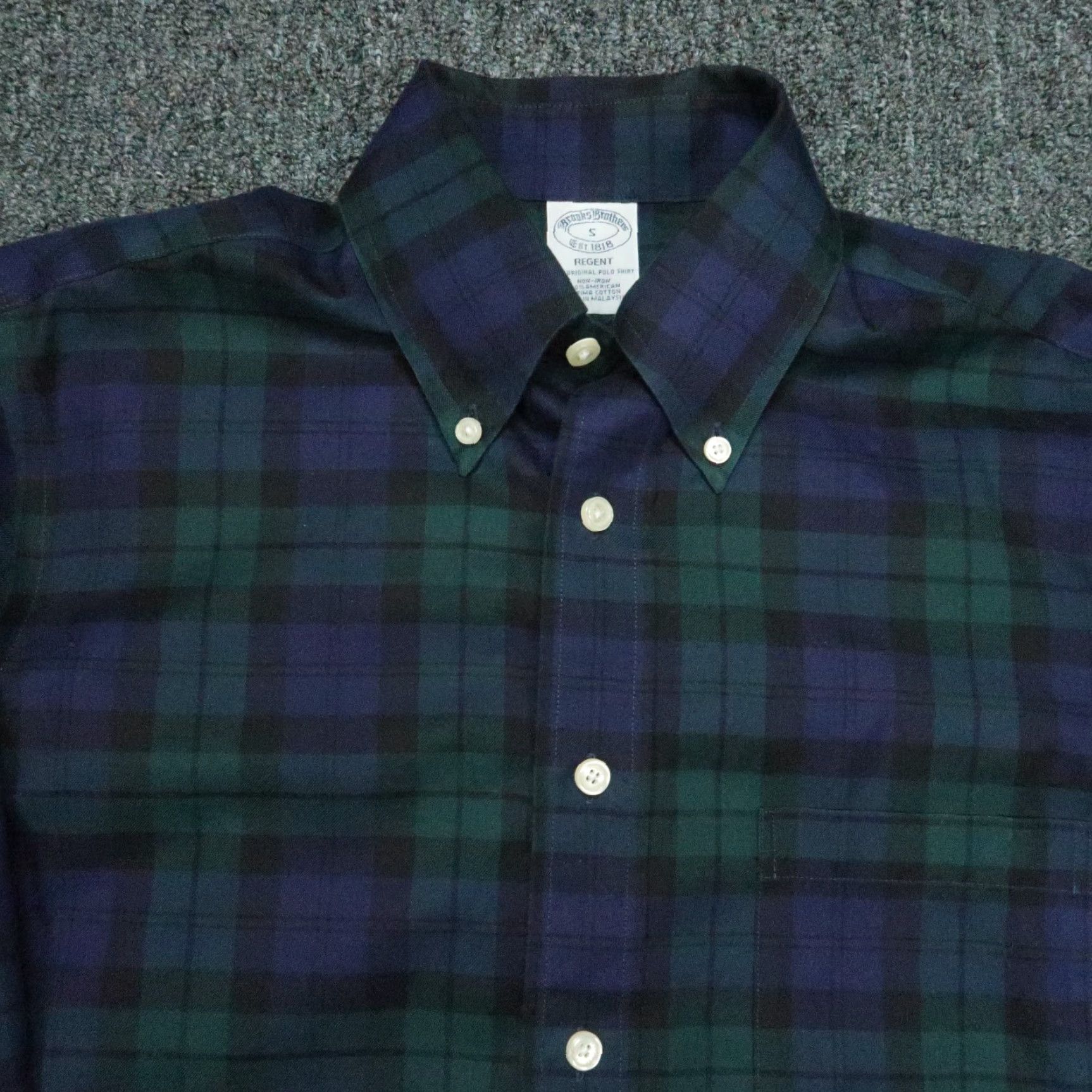Brooks Brothers Shirt Mens Small Blue Black Watch Plaid Tartan Green Long Sleeve Button-Up Collar Down Button-Down