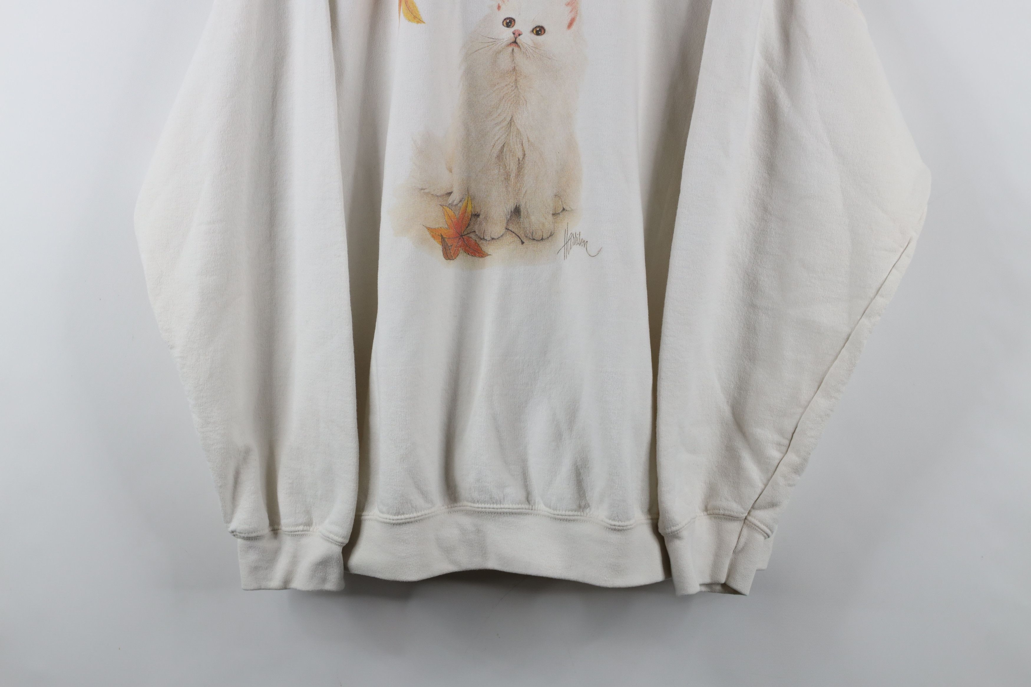 Vintage Vintage 90s Streetwear Kitten Fall Leaves Sweatshirt White Size XL / US 12-14 / IT 48-50 - 3 Thumbnail