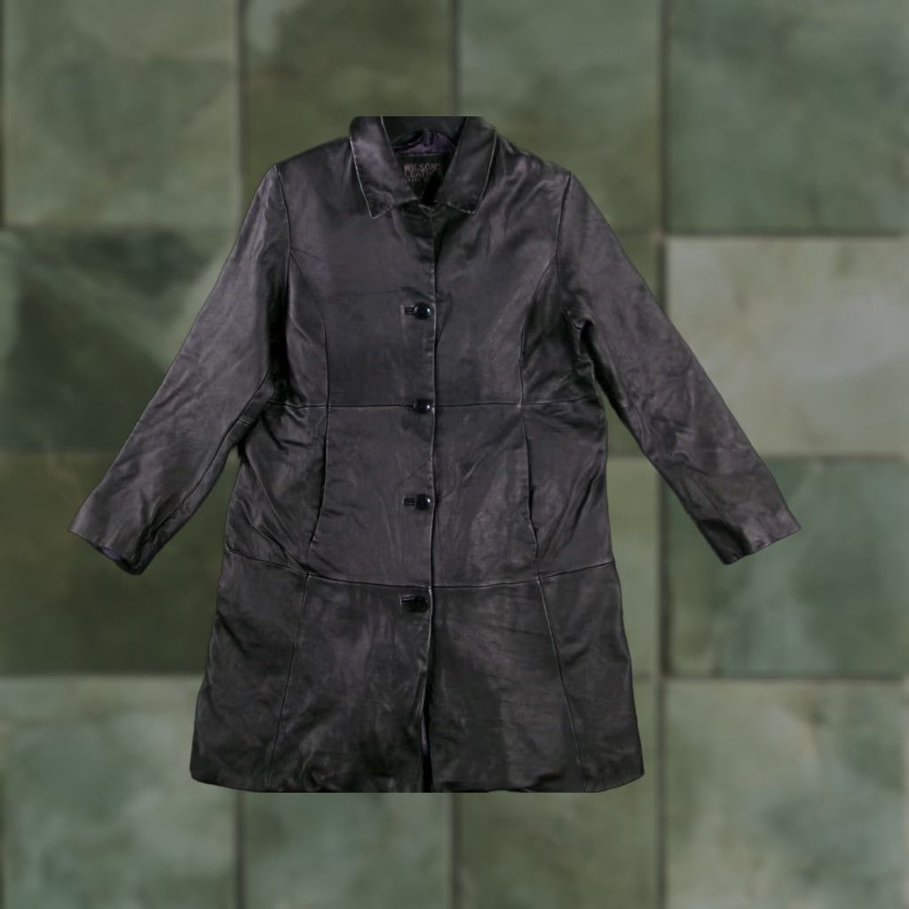 Vintage Wilsons Leather Jacket Women Large Black Pelle Studio Button Trench Coat Lined Size L / US 10 / IT 46 - 1 Thumbnail