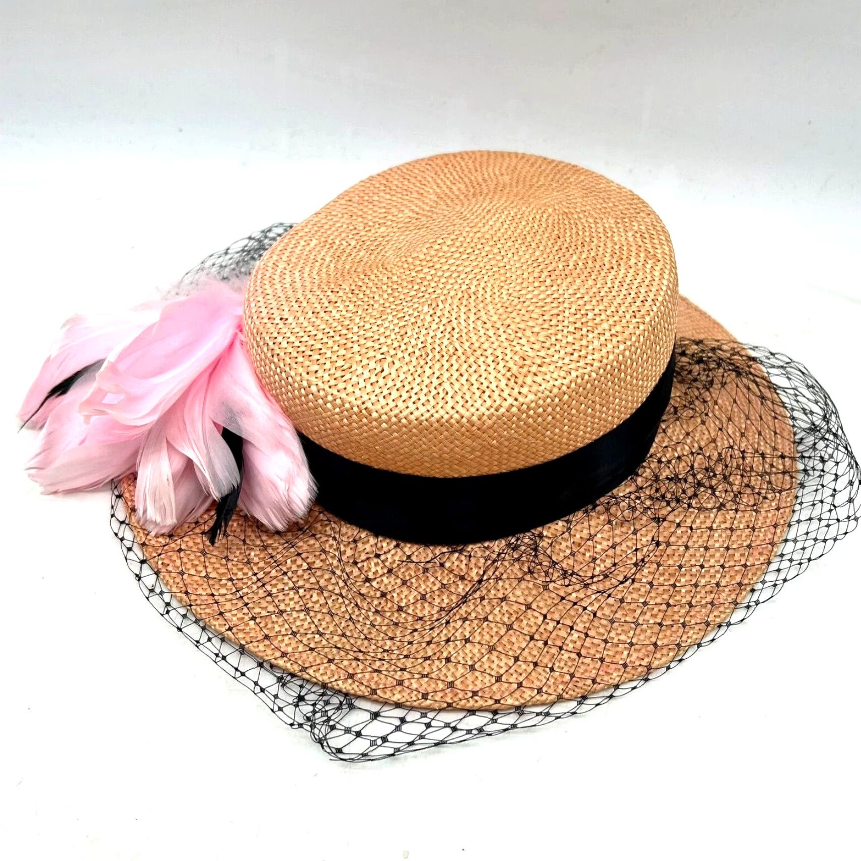 Vintage VINTAGE Miss Bierner Straw Wide Brim Sun Hat 1960s Art Deco Pink Summer Casual Women Size ONE SIZE - 5 Thumbnail