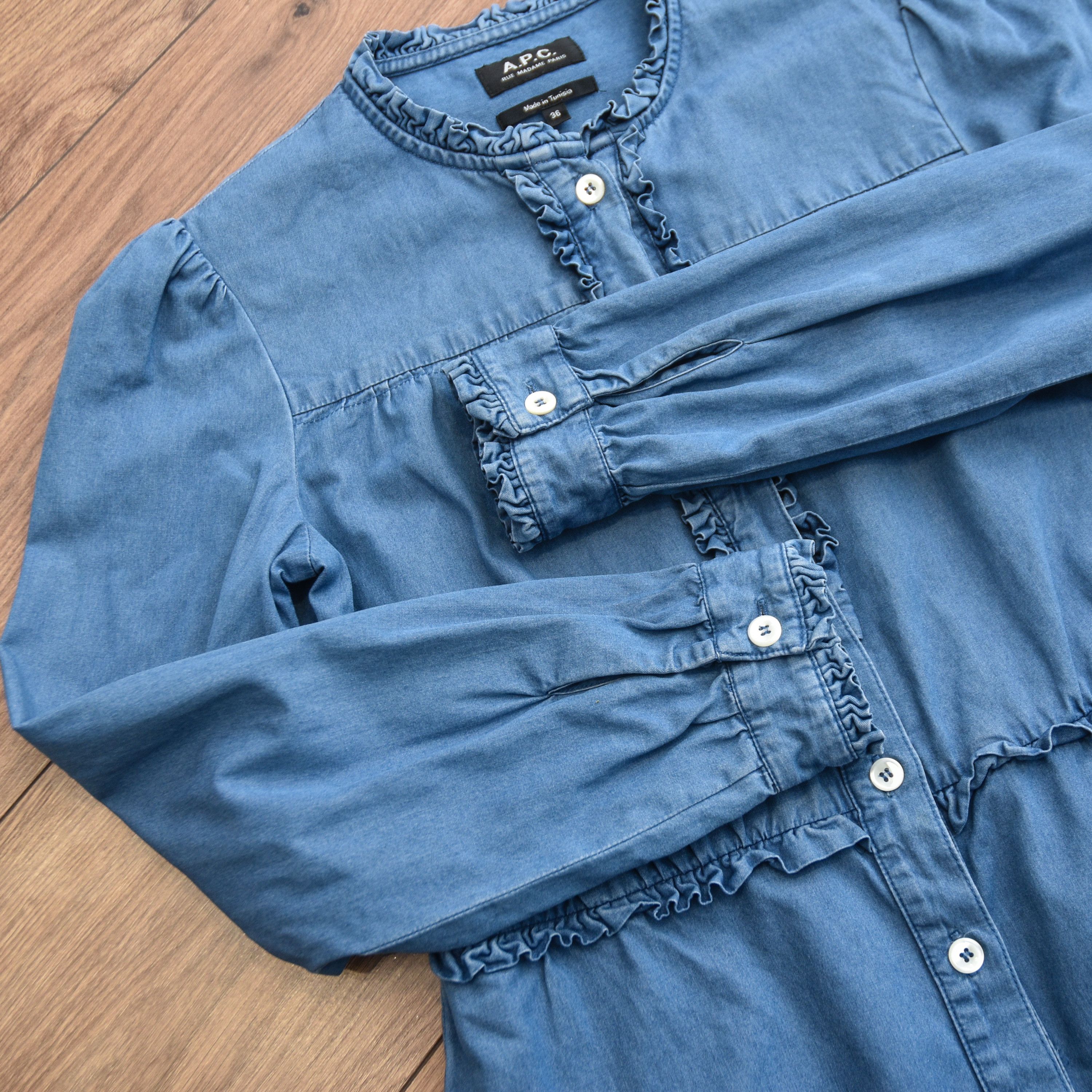 A.P.C. A.P.C. Hoshi Denim Shirt Dress Ruffle Collar Frill Detail Size S / US 4 / IT 40 - 9 Thumbnail