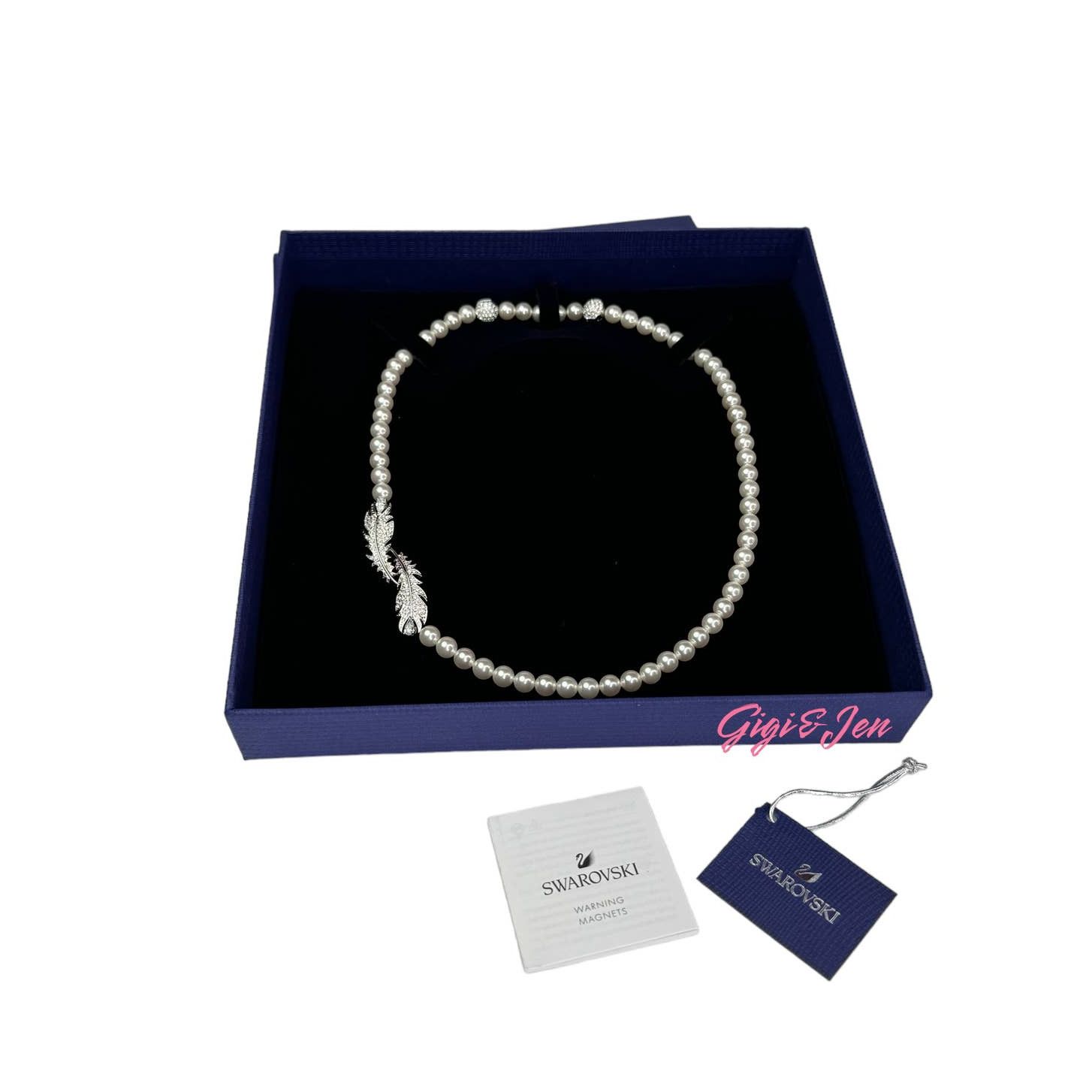 image of Swarovski Feather Necklace Pearl White Rhodium Plating, Women's