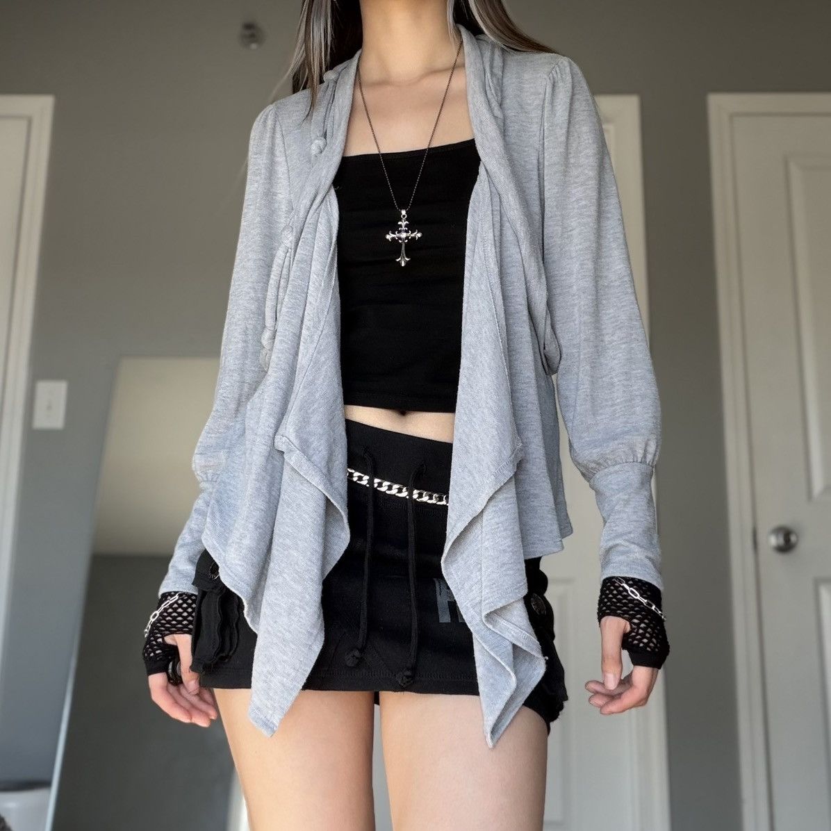 Other Gray Draped Open Front Cardigan Sweater w/ Fabric Twists Size M / US 6-8 / IT 42-44 - 13 Thumbnail