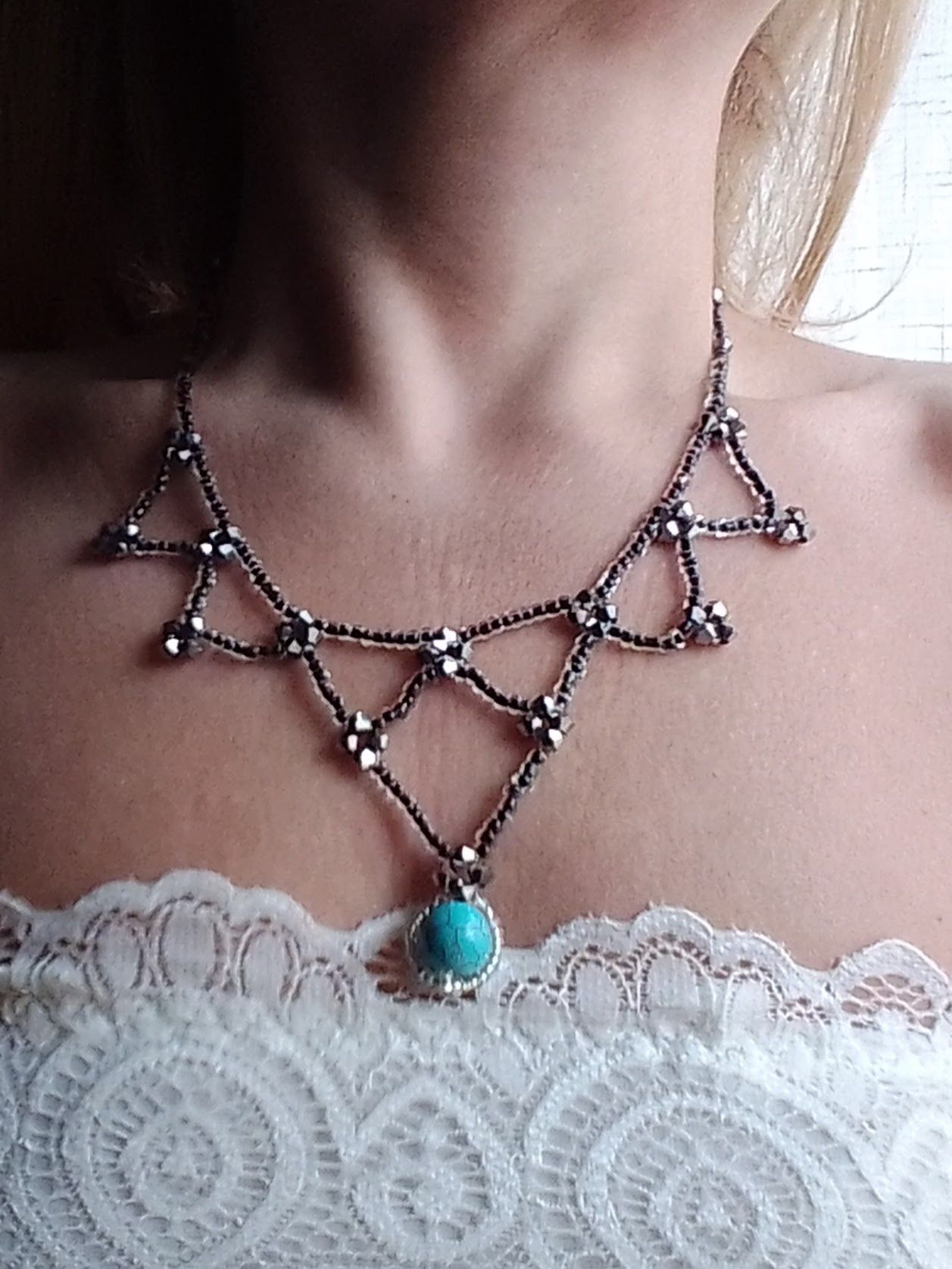 Handmade Black gothic necklace natural turquoise Howlite gemstones Size ONE SIZE - 1 Thumbnail