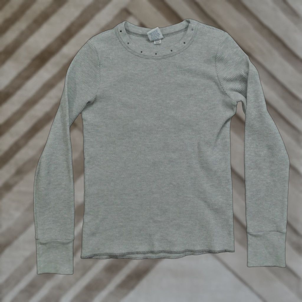 VINTAGE Old Navy Thermal Shirt Womens M Grey Waffle Knit Studded Collar Y2K