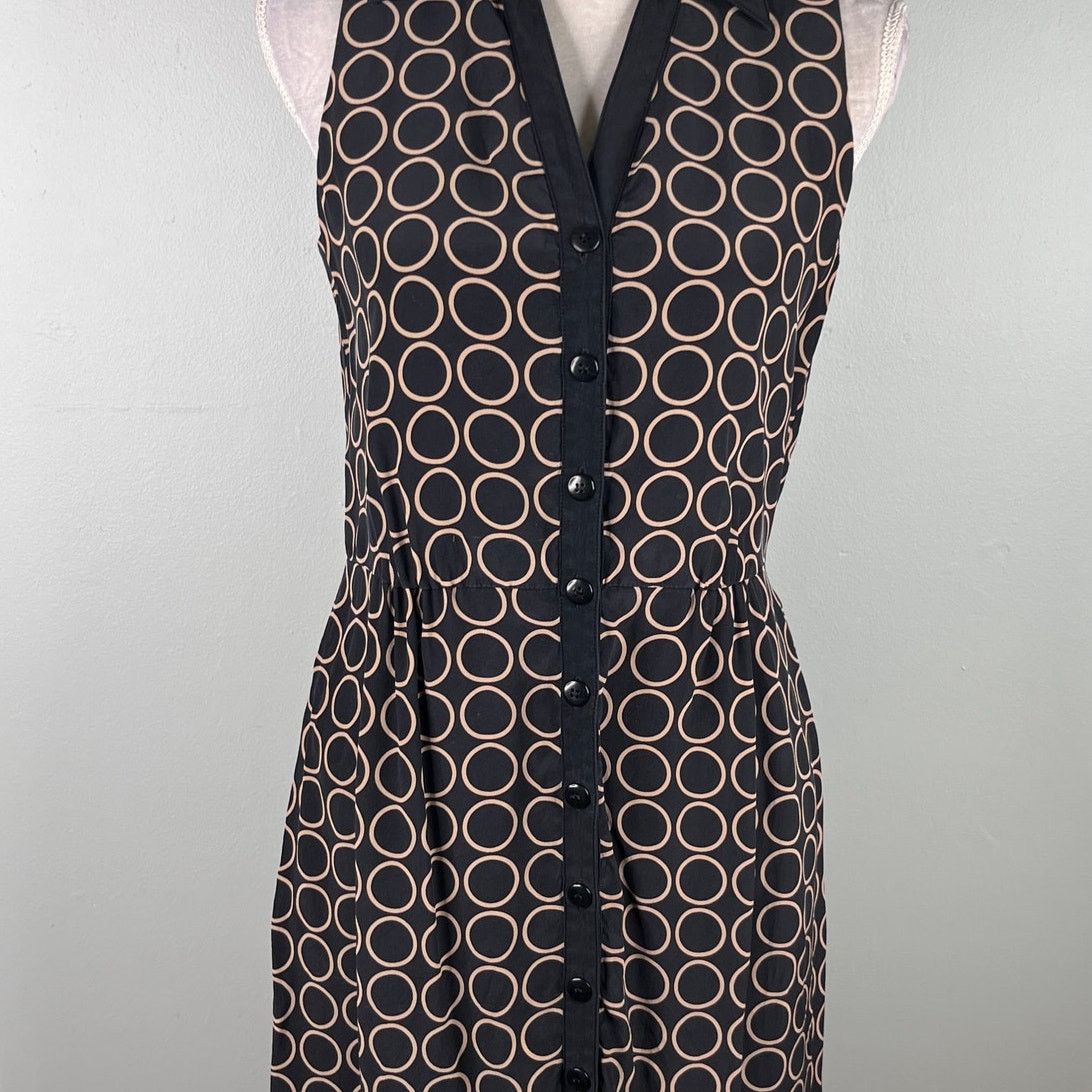 Talbots Pure Silk Midi Shirt Dress 6 Black Tan Pockets Lined