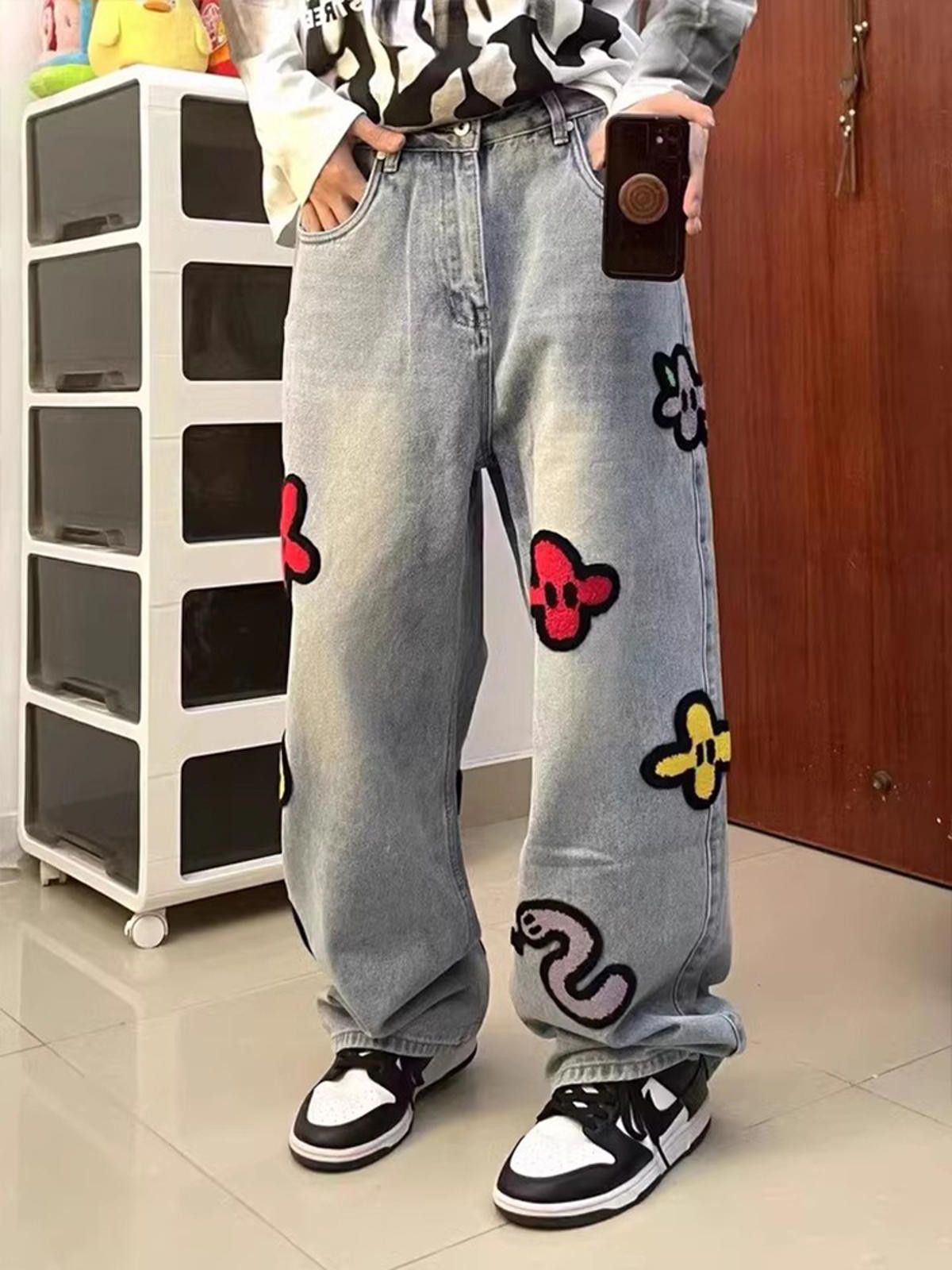 Jean × Vintage Graphic Denim Jeans with Floral and Animal Embroidery Size US 32 / EU 48 - 1 Thumbnail