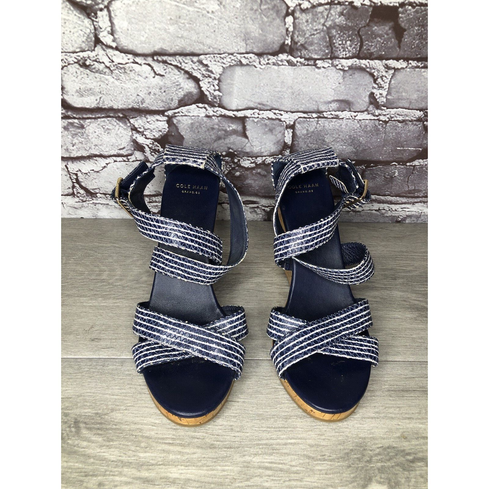 Cole Haan Cole Haan Grand OS Blue White Stripe Leather Cork Wedge Sand Size US 7.5 / IT 37.5 - 8 Thumbnail