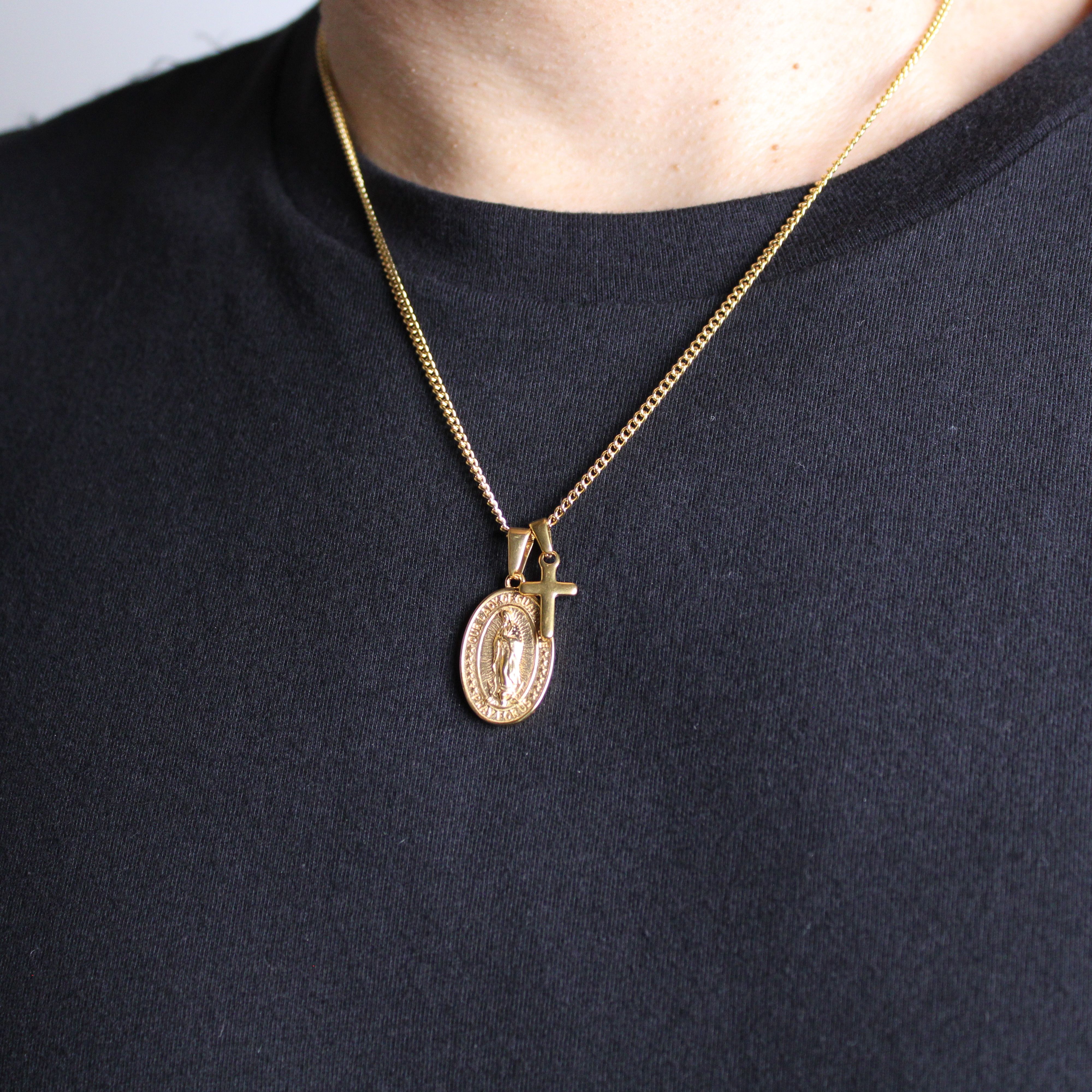 Jewelry Gold Lady of Guadalupe and Mini Cross Pendant Necklace Set Size ONE SIZE - 2 Thumbnail