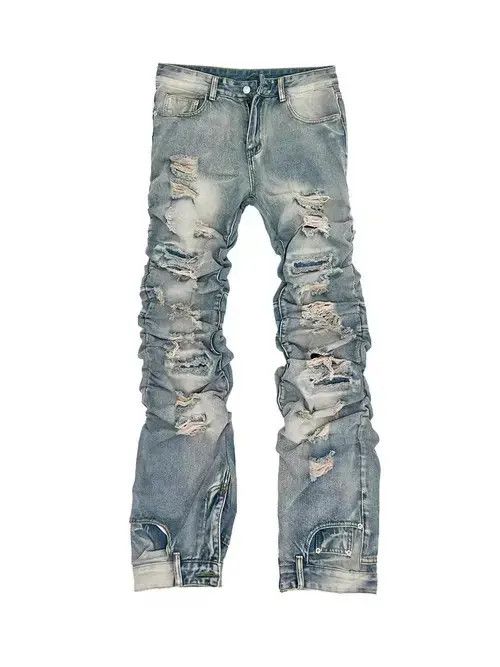 Jean Vintage washed blue ripped pleated street hip hop jeans Size US 32 / EU 48 - 1 Thumbnail