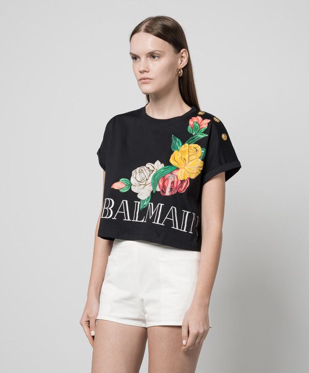 Balmain o1s1wg110125 Roses-Print Cropped T-Shirt in Black Size XS / US 0-2 / IT 36-38 - 3 Thumbnail