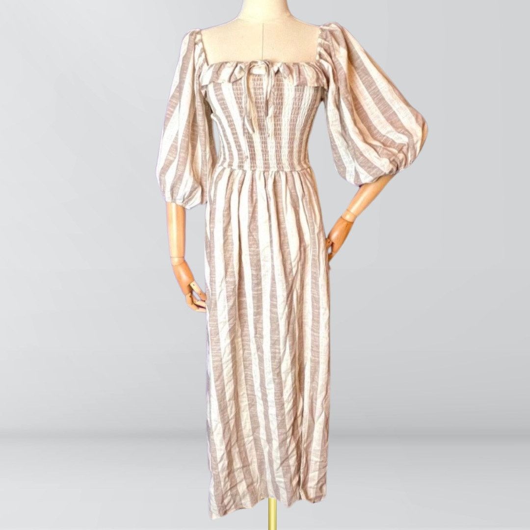 NWT Saints Hearts Striped Linen Cream Tan Midi Dress