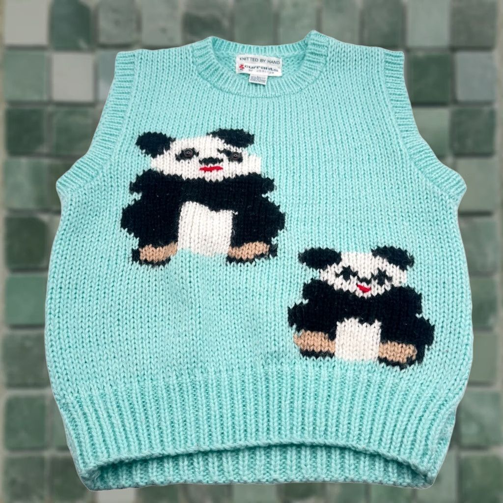 Pinko VINTAGE 80s Currants By Jeri Jo Hand Knit Panda Bear Vest L Women Blue Knitted Sleeveless Chunky Statement Rare Size L / US 10 / IT 46 - 1 Thumbnail