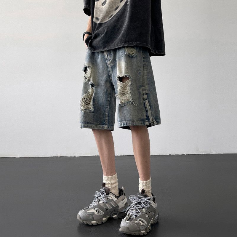 Japanese Brand Men's loose straight-leg ripped zipper split denim shorts Size US 32 / EU 48 - 1 Thumbnail