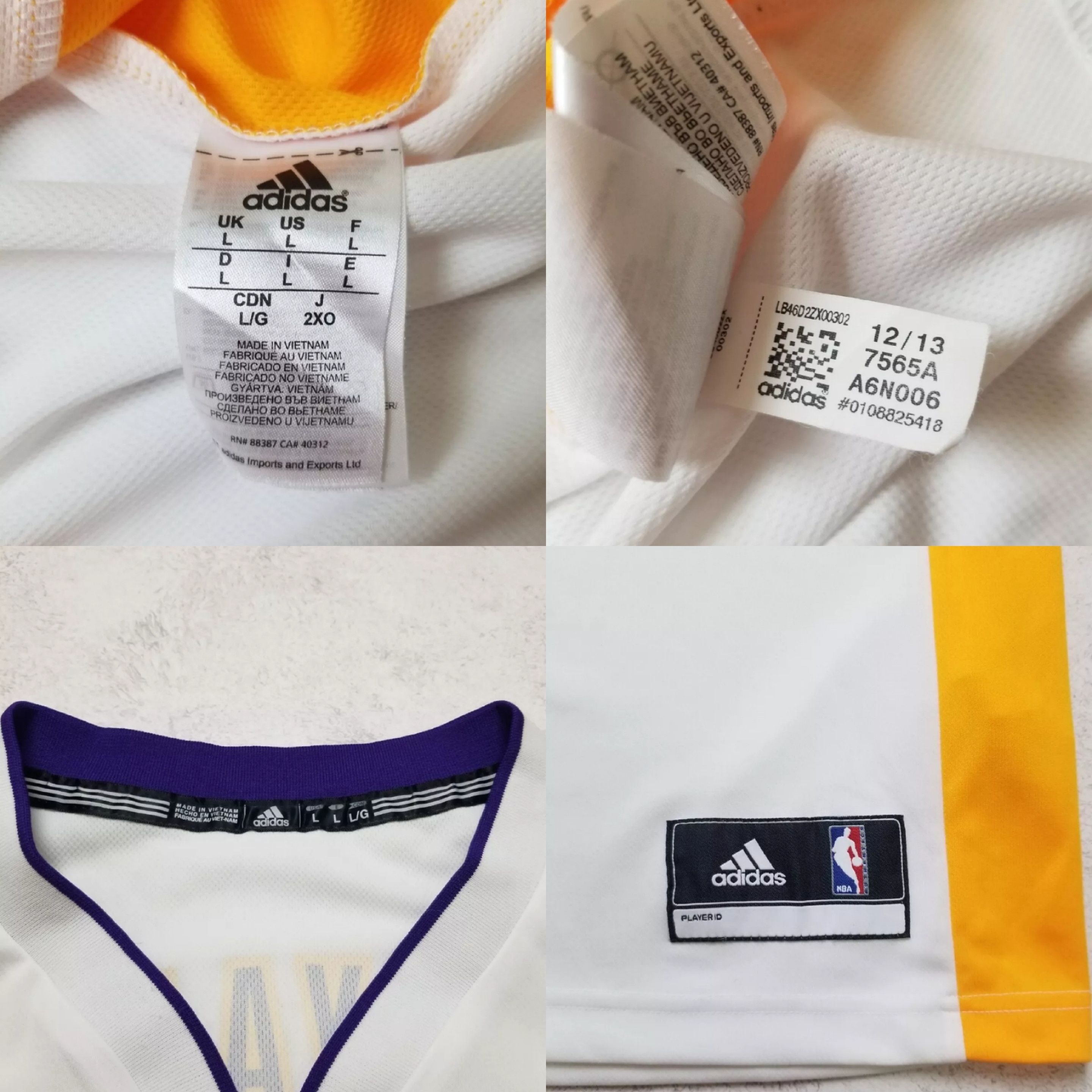 Adidas Los Angeles Lakers Kobe Bryant #24 Adidas NBA White Jersey Size US L / EU 52-54 / 3 - 9 Thumbnail