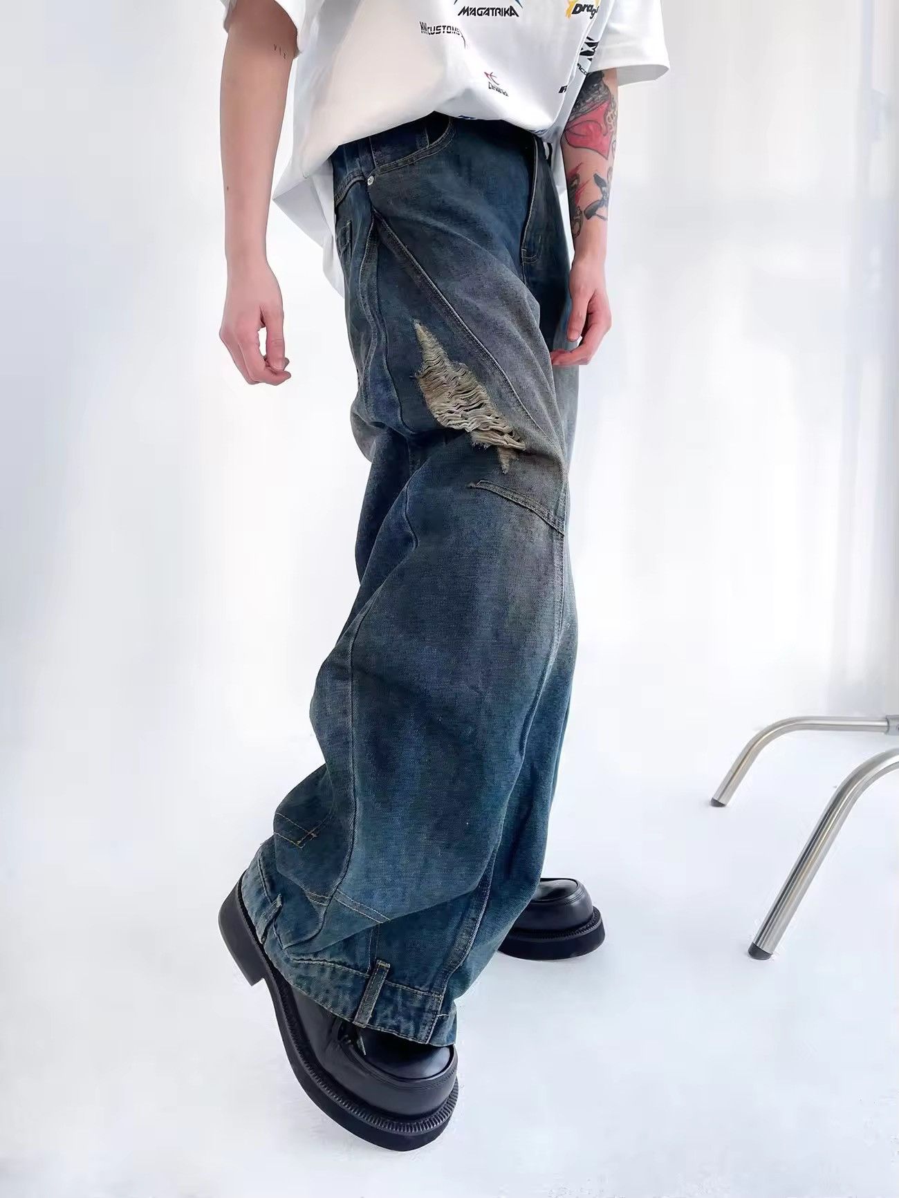 Designer × Vintage Streetwear Ripped Distressed Hip Hop Wide Leg Jeans Pants Size US 29 - 6 Thumbnail