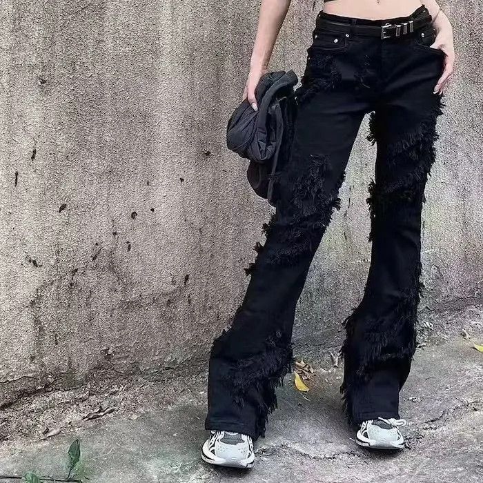 Japanese Brand High Street Ripped Tassel Frayed Black Flare Jeans Size US 30 / EU 46 - 5 Thumbnail