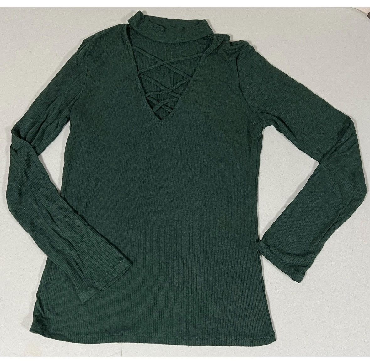 Japanese Brand Green Criss-Cross Lace-Up Long Sleeve Tee Shirt Top Size L🧚‍♂️✨ Size L / US 10 / IT 46 - 1 Thumbnail