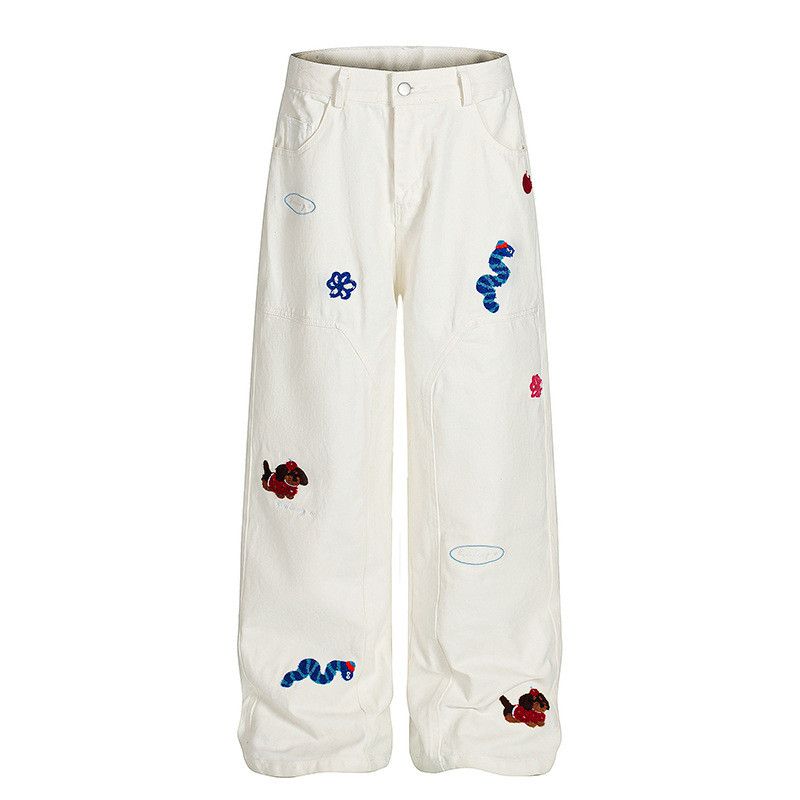 Jean American-style cartoon embroidered white cargo jeans Size US 32 / EU 48 - 1 Thumbnail