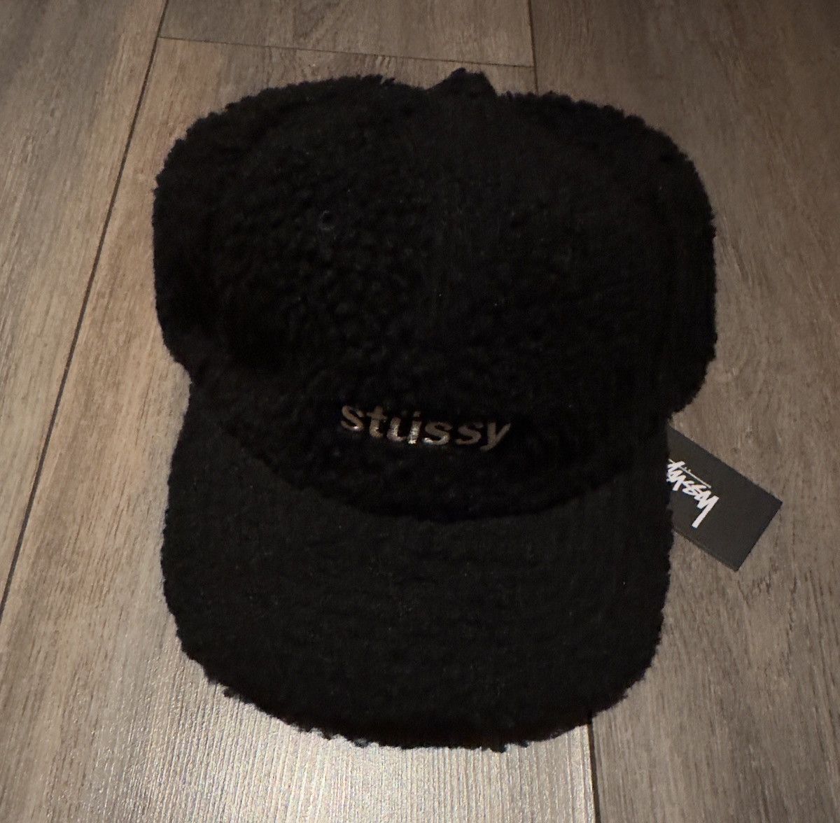 image of Stussy Black Sherpa Strapback Cap, Men's