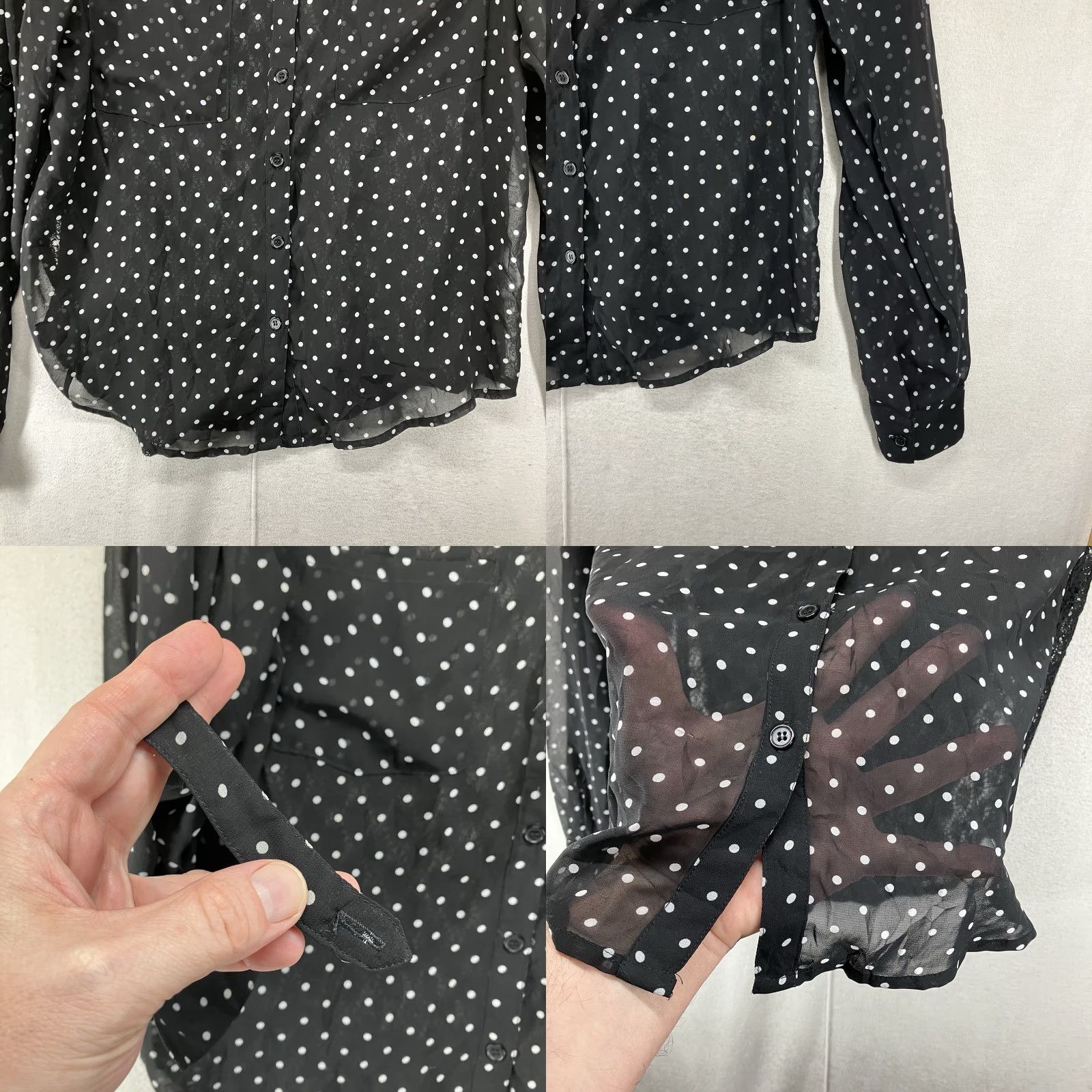 Vintage Women's Goth Top Medium Black & White Polka Dot Button Down Sheer Lace Back Size M / US 6-8 / IT 42-44 - 8 Thumbnail