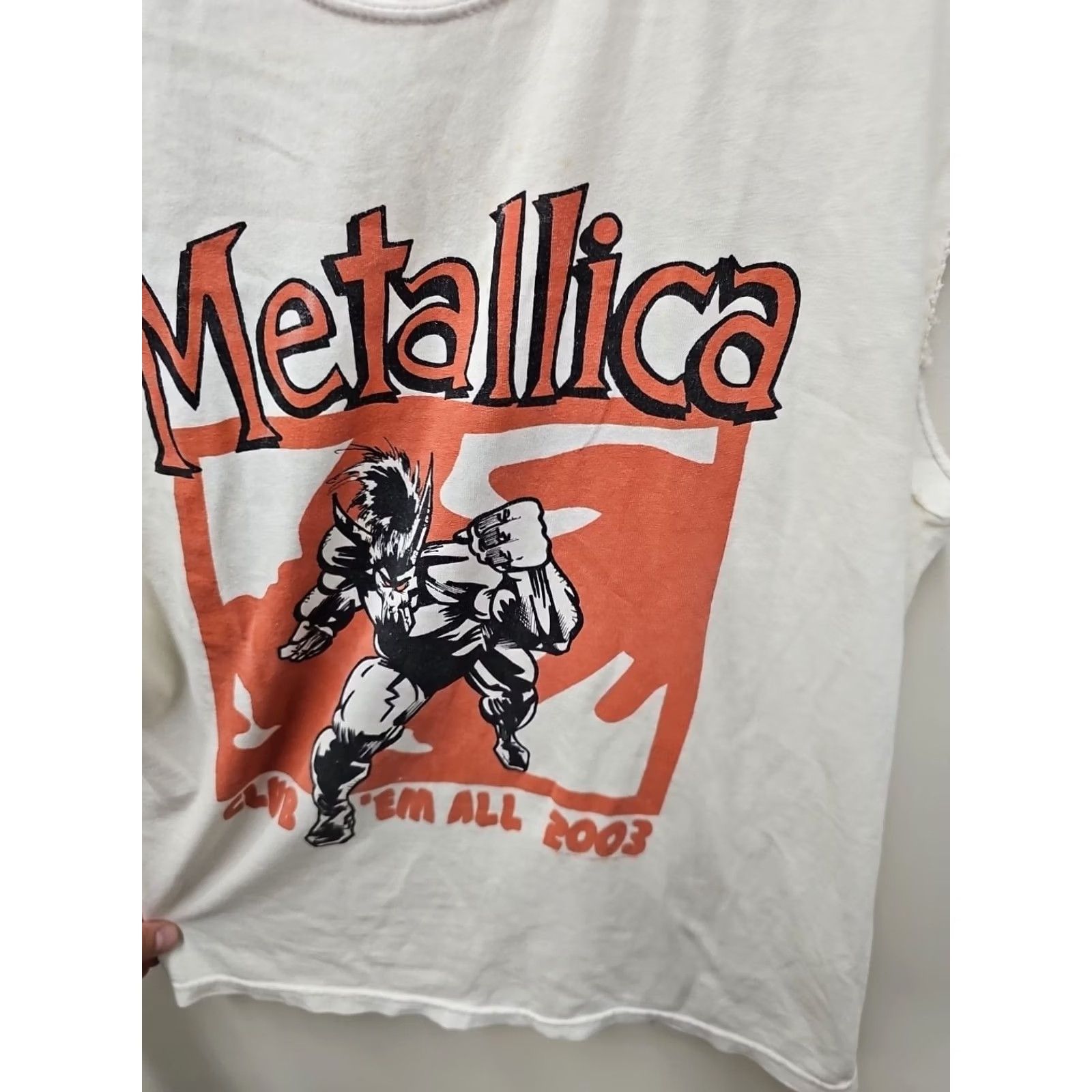 Gildan Metallica T-Shirt - MetClub 2003 - Club 'Em All - Large Mens Short Sleeve White Cotton Logo Thrashed Status: Distressed with Chopped Sleeves Size US L / EU 52-54 / 3 - 4 Thumbnail