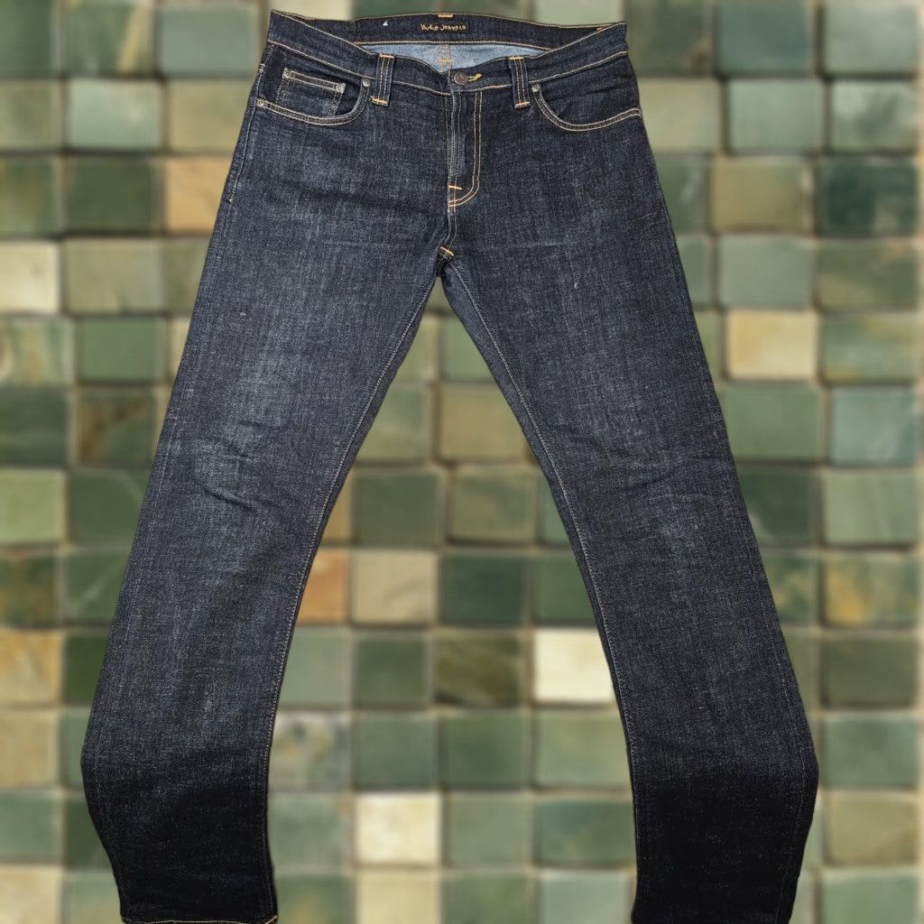 Nudie Jeans Mens Jeans 32x34 Dark Indigo Skinny Organic Cotton Twill Rinse Slim Jeans with Pockets Logo Patch