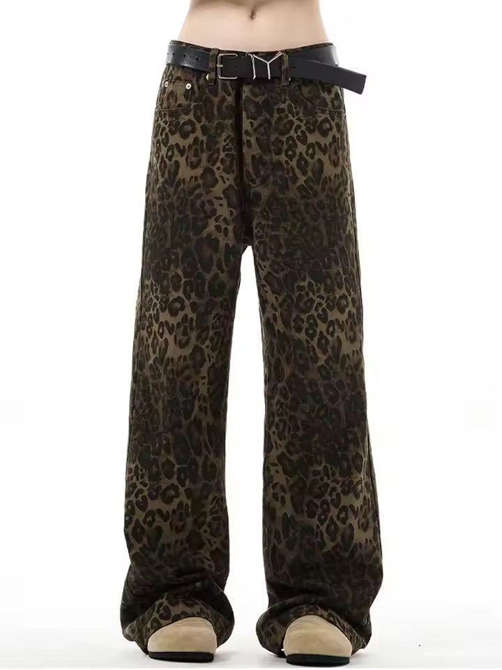 Japanese Brand 🐆 Y2K Grunge Baggy Jeans - Dark Brown Leopard Print Pant 🍂 Size US 31 - 7 Thumbnail