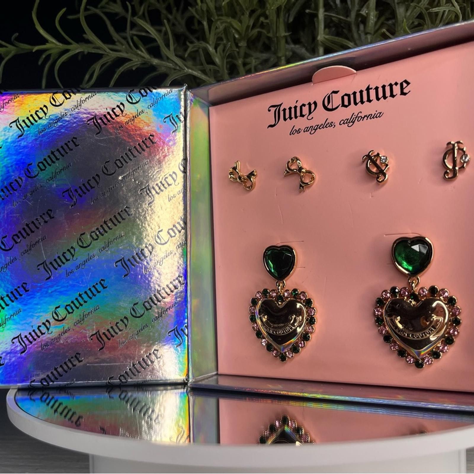 Juicy Couture Jeans Juicy Couture Crystal Bow Heart Stud Earrings Emerald Pink Size ONE SIZE - 1 Thumbnail