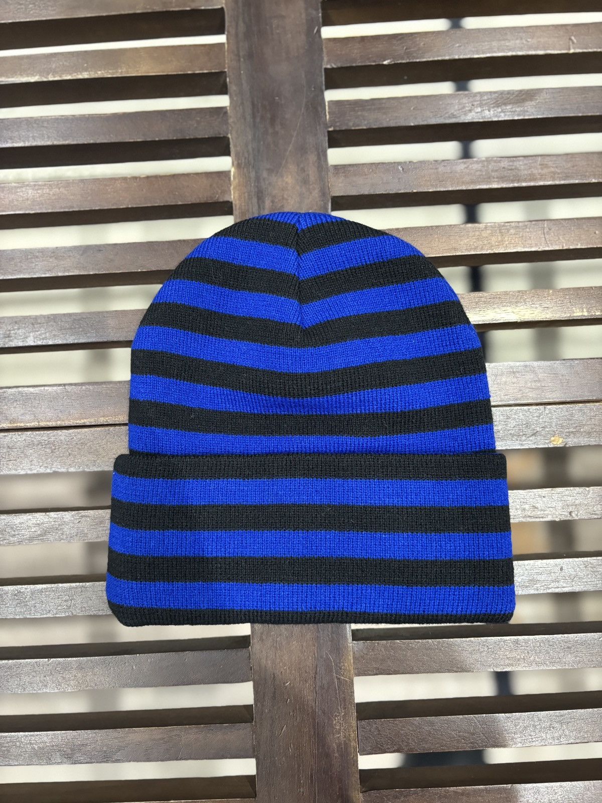 Supreme Vertical Logo Striped Beanie Blue