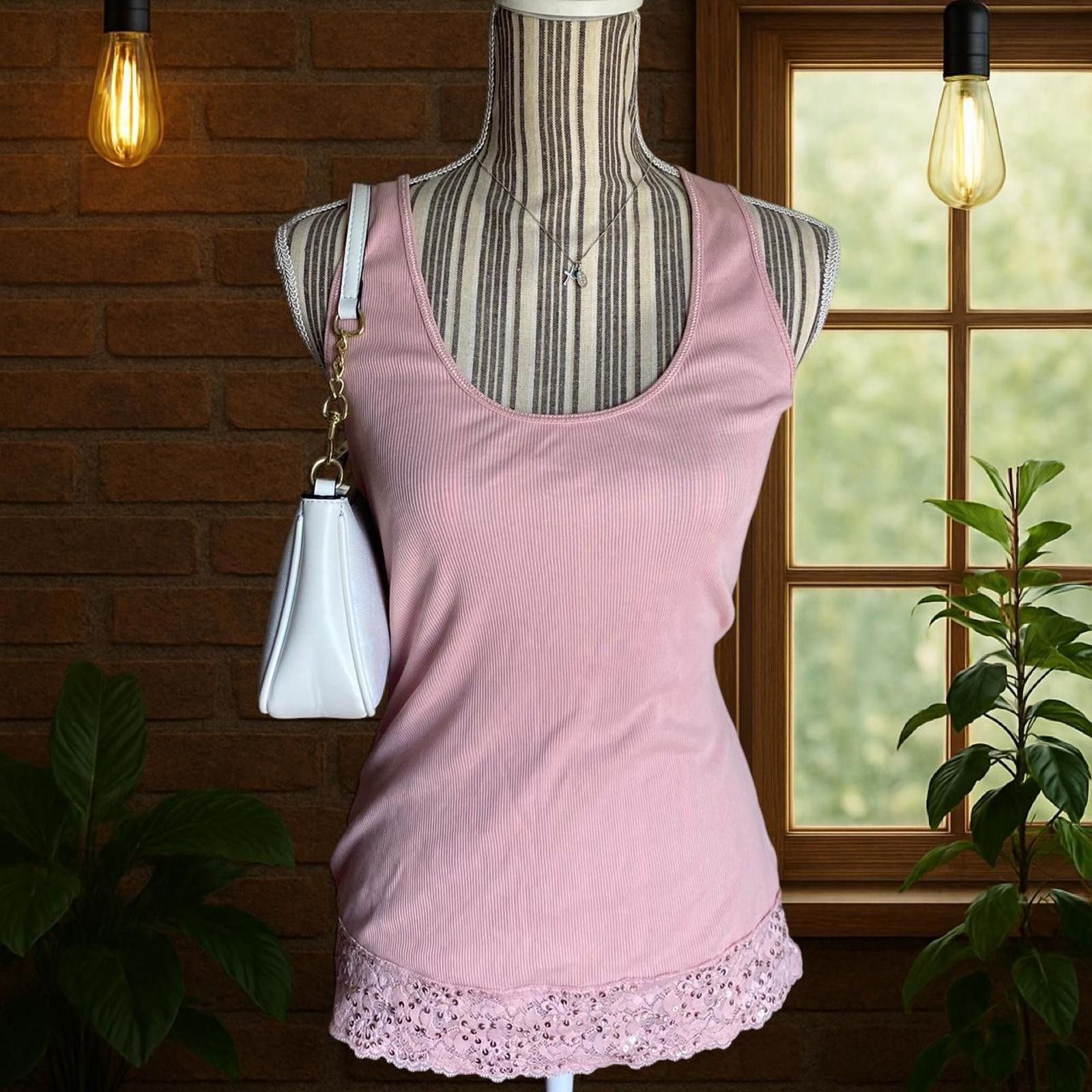 Express Pink lace top with glitter sequence detailing Size L / US 10 / IT 46 - 1 Thumbnail