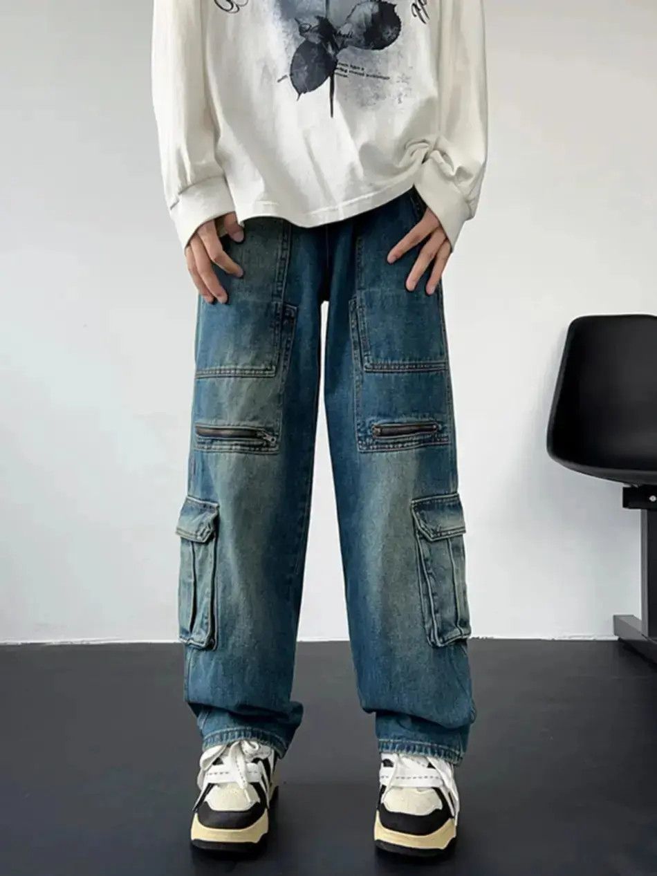 Japanese Brand Retro washed zippered multi pocket jeans Size US 32 / EU 48 - 1 Thumbnail