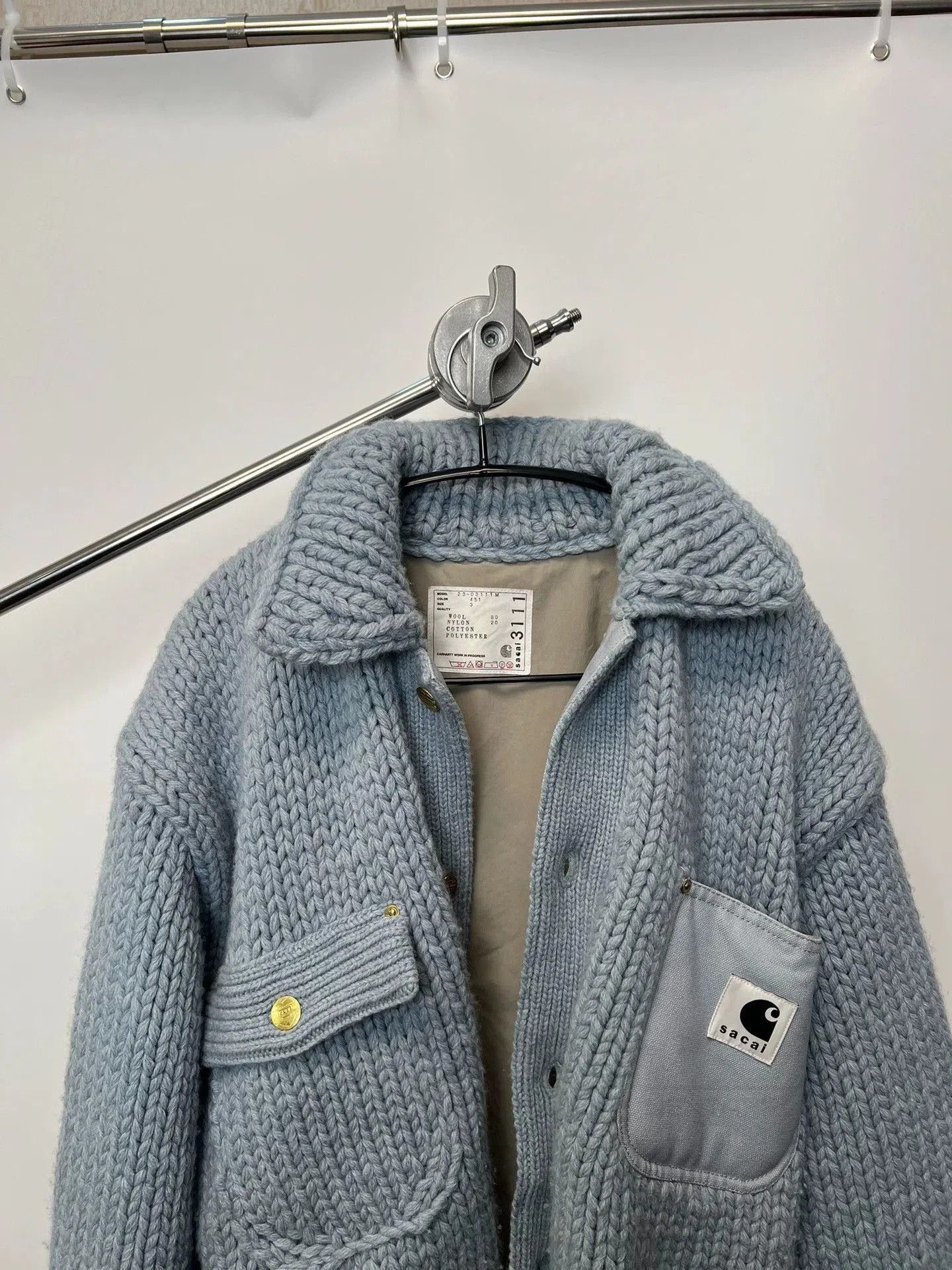 Sacai Blue Knit Collared Jacket with Pockets. Size US L / EU 52-54 / 3 - 3 Thumbnail