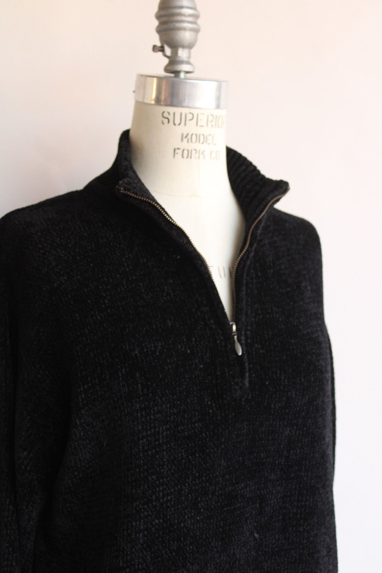 Vintage Vintage 1990s 2000s Sweater, Black Chenille Zipper Mock Neck Size L / US 10 / IT 46 - 4 Thumbnail
