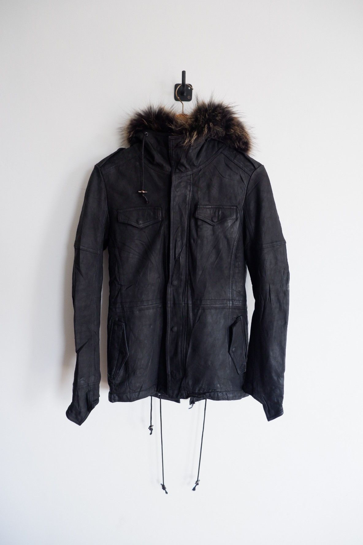 image of 14Th Addiction x Le Grande Bleu L G B Fur Mink Shellac Leather Parka Hoodie in Black (Size Small)