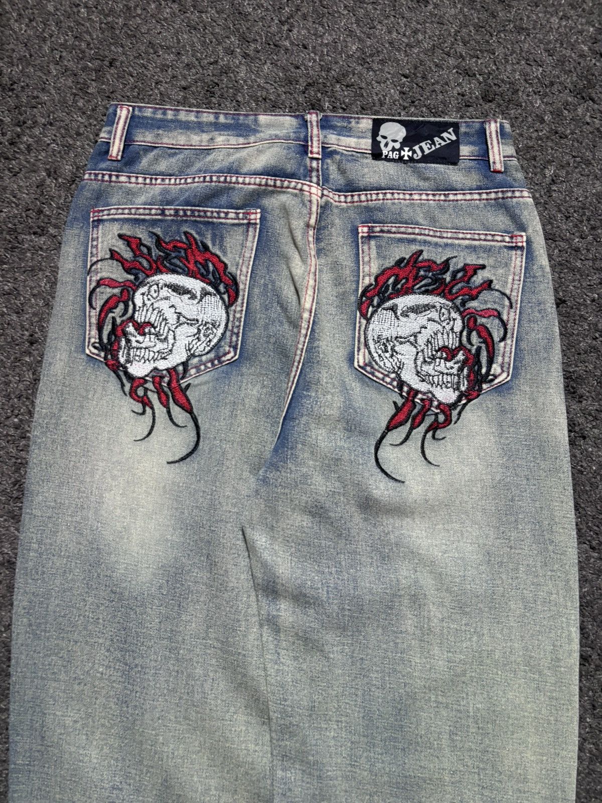JNCO Vintage rare fire skulls embroidered gray blue baggy jeans Size US 33 - 1 Thumbnail