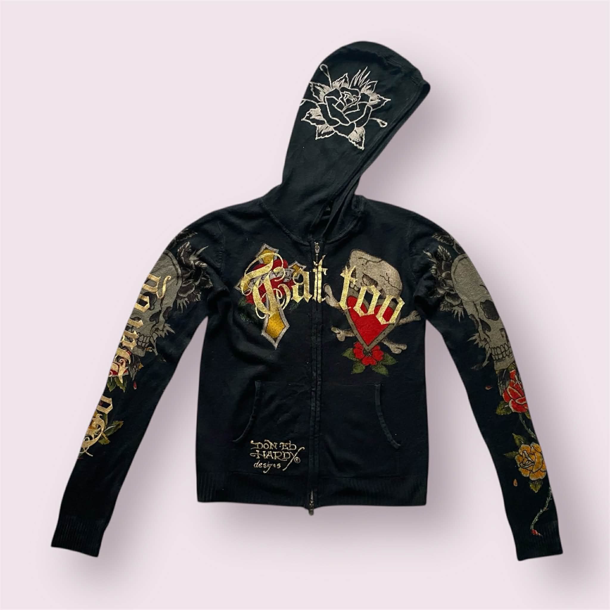 Ed Hardy Ed Hardy Black Tattoo Zip Up Hoodie Skull Heart Cross Size S / US 4 / IT 40 - 1 Thumbnail