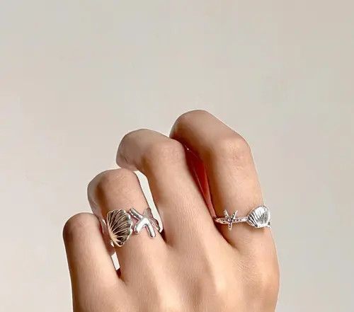 Jewelry Silver Shell and Starfish Open Band Rings, Adjustable Size ONE SIZE - 6 Thumbnail