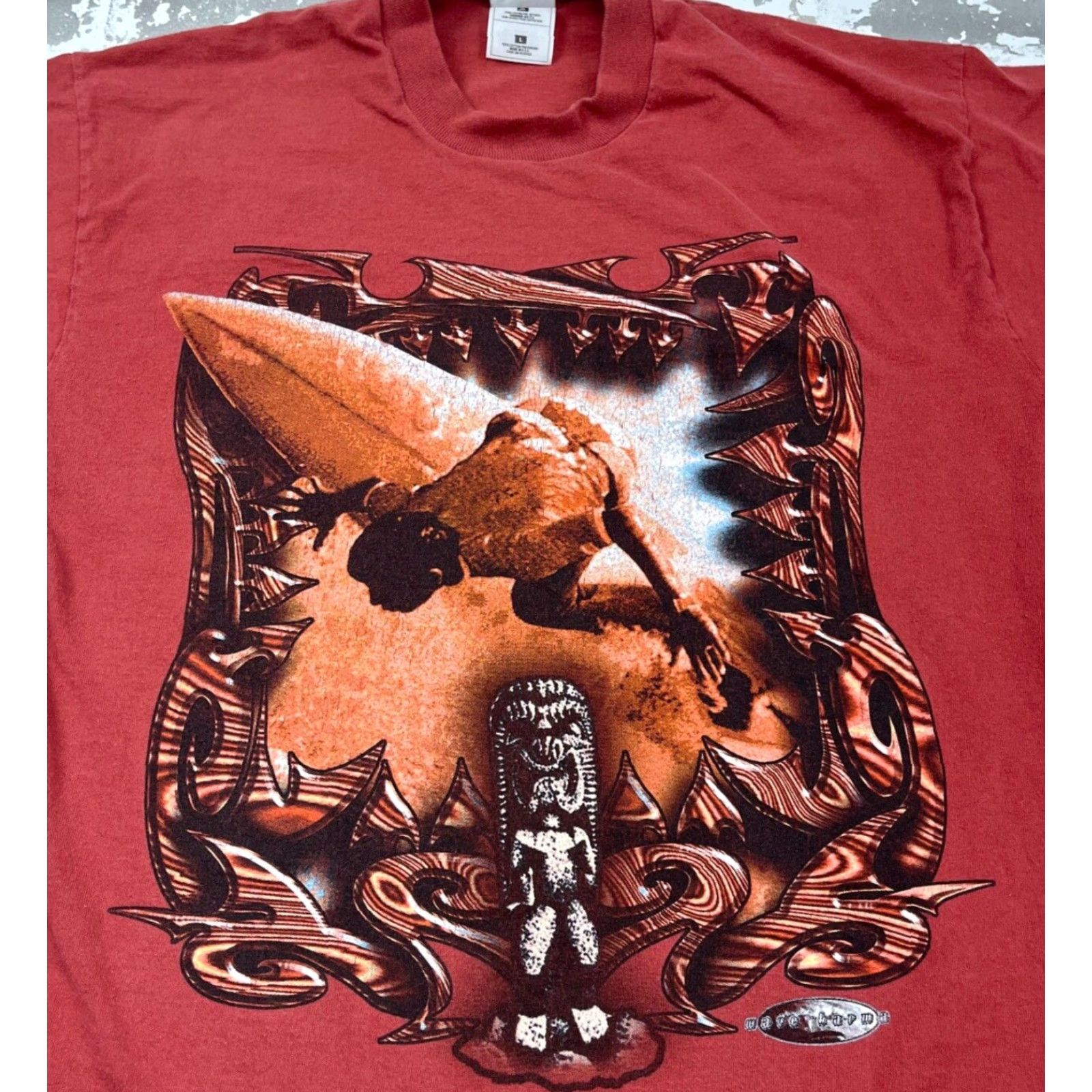 Fruit Of The Loom VINTAGE Fruit of the Loom Men’s Large Red Graphic Print T-Shirt 90s Surf Wave Retro Rock Size US L / EU 52-54 / 3 - 2 Thumbnail