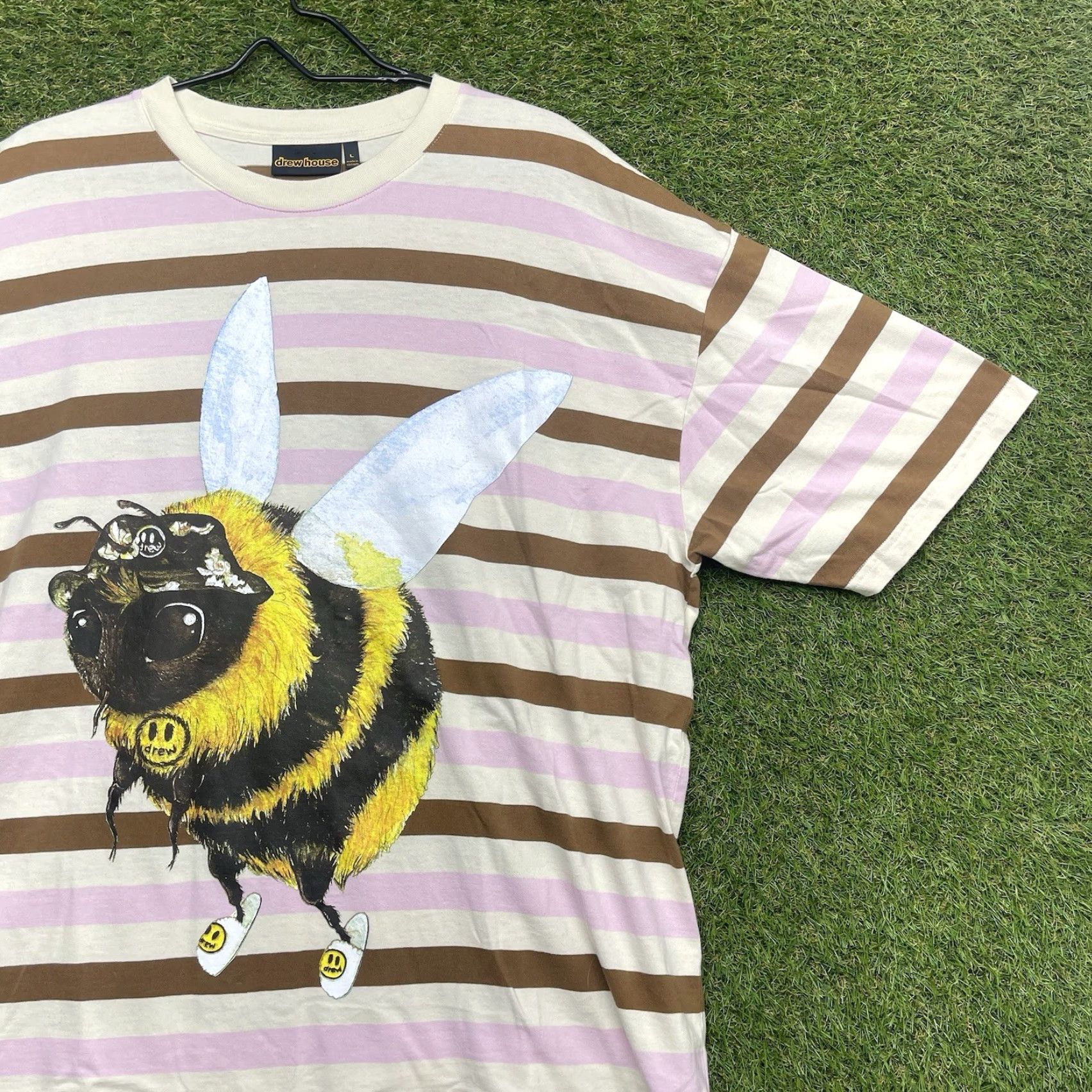 Drew House Drew House Mens L Multicolor Striped Crew Neck T-Shirt - 90s Cartoon Art Embroidered Bizzy Bee Short Sleeve Boxy Casual Size US 33 - 3 Thumbnail