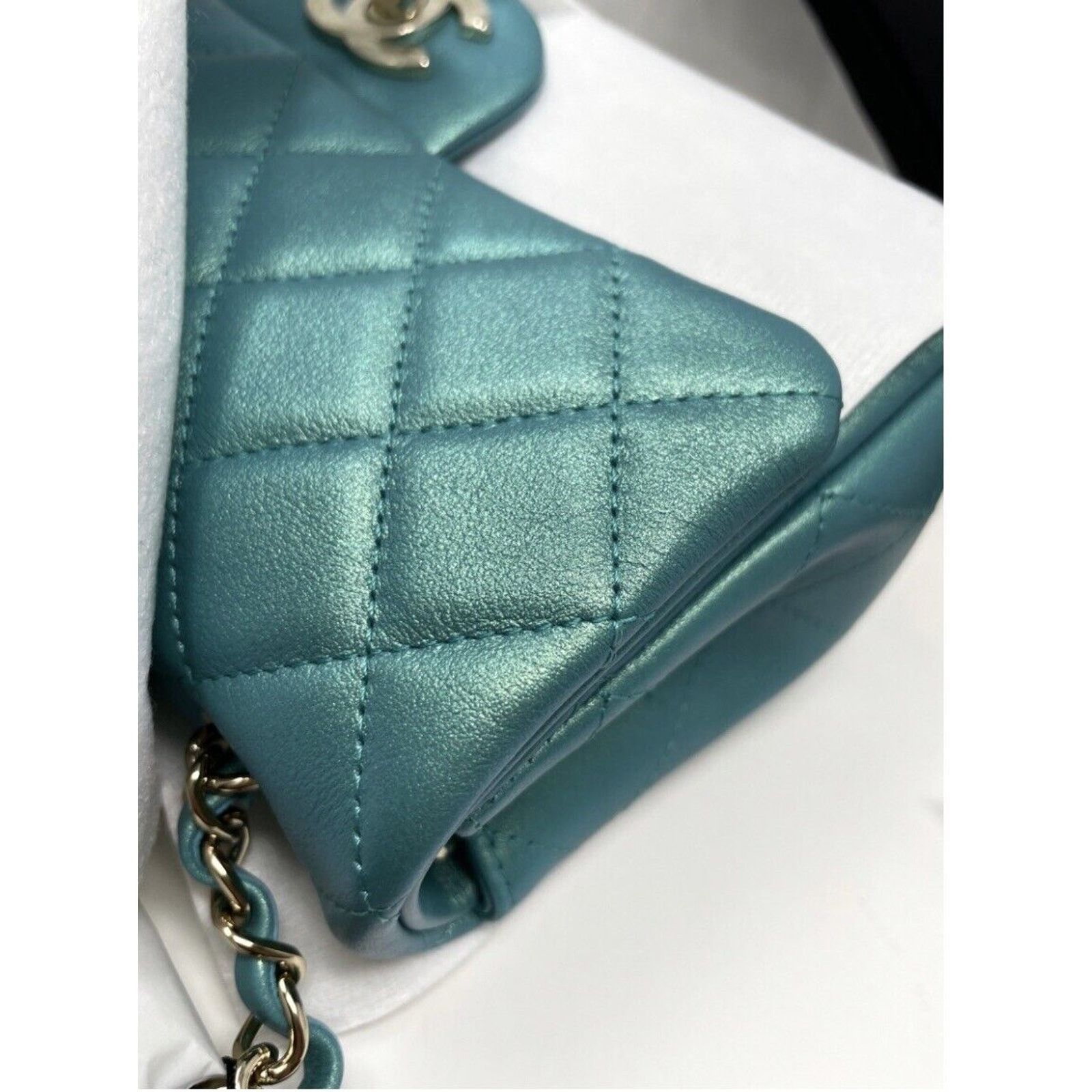 Chanel Mini Rectangular Classic 21S Green Iridescent Flap