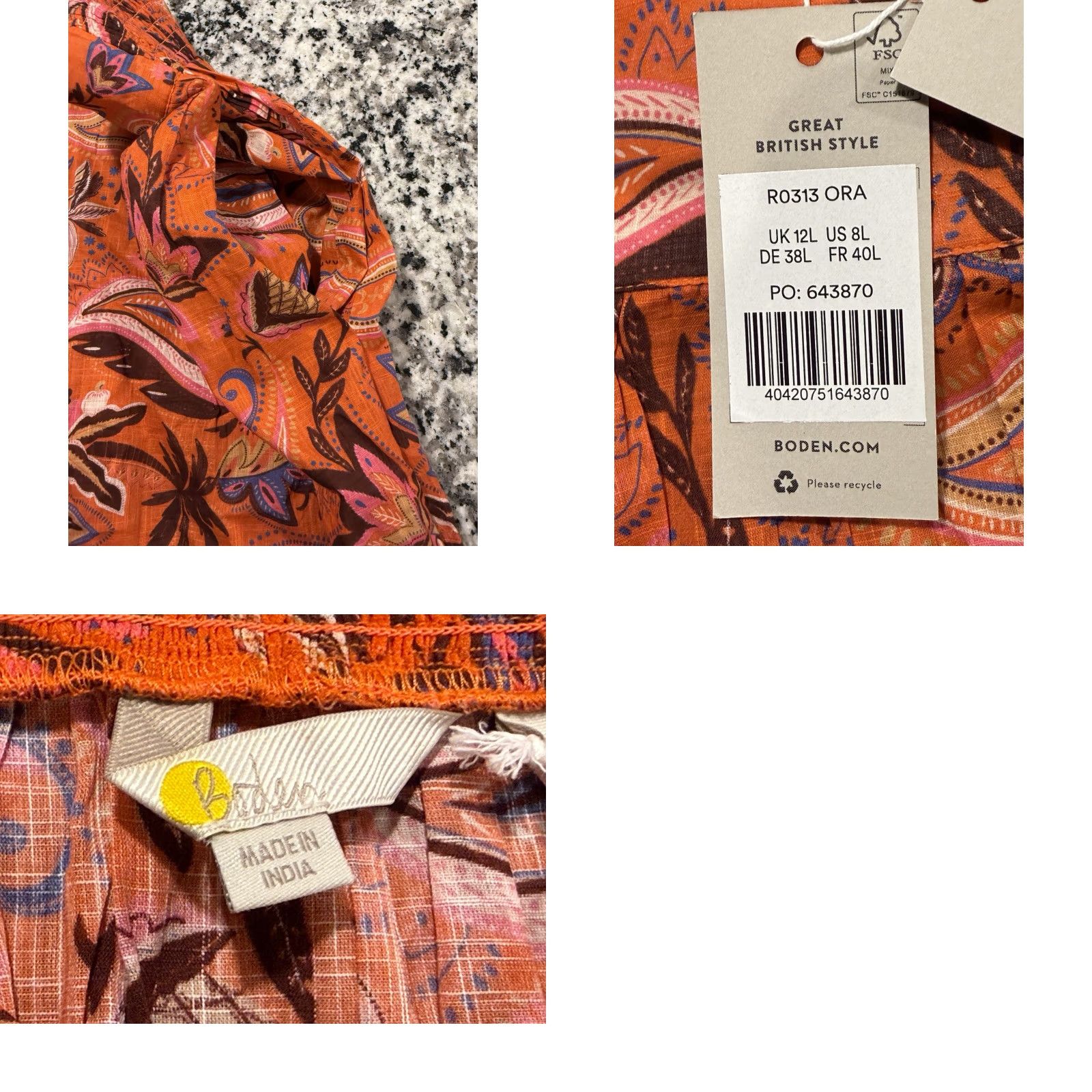 Boden Boden Tiered Maxi Skirt Women’s 8L Long Orange Paisley Cotton Boho Maxi Skirt USA 8L Womens Size 30" / US 8 / IT 44 - 8 Thumbnail