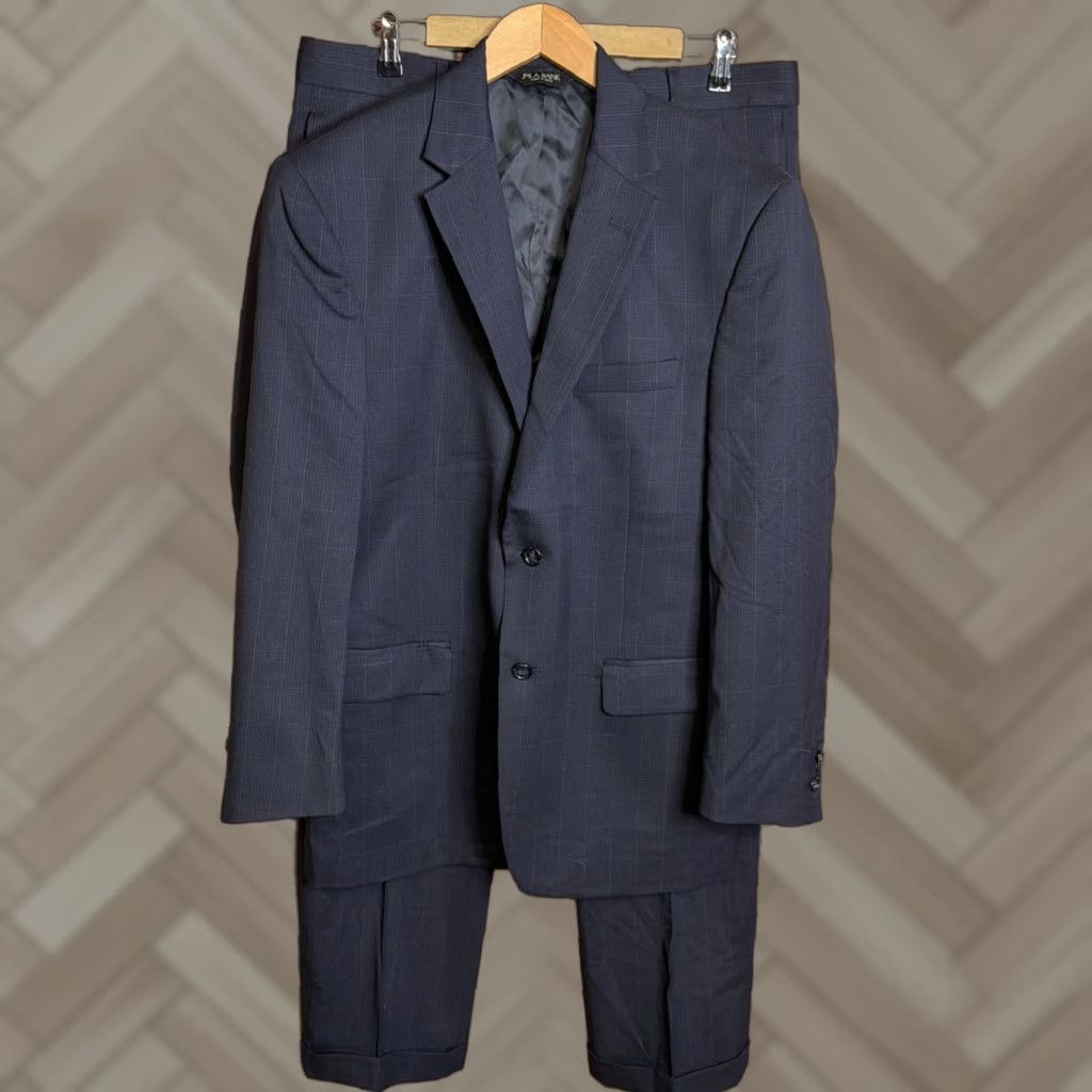 Jos. A. Bank Jos A Bank 41R Wool 2PC Suit Blazer Men Pants 35x32 Navy Blue Windowpane Wool 2 Piece Suit Men Size 42R - 1 Thumbnail