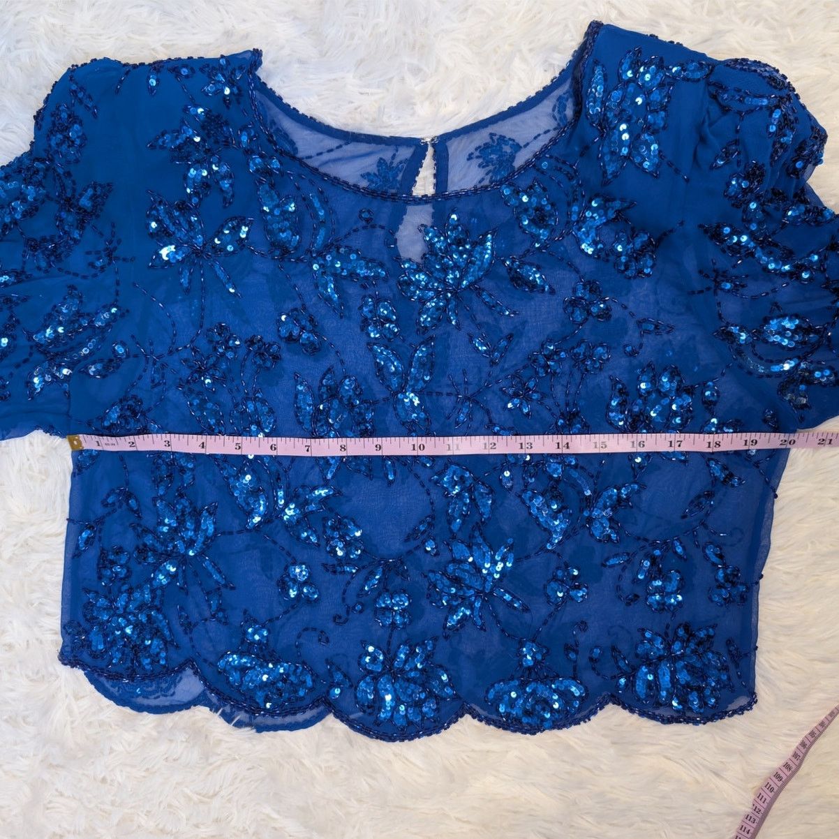 Vintage Vintage 80s Blue Sequin Beaded Silk Sheer Crop Top Floral Size S / US 4 / IT 40 - 4 Thumbnail